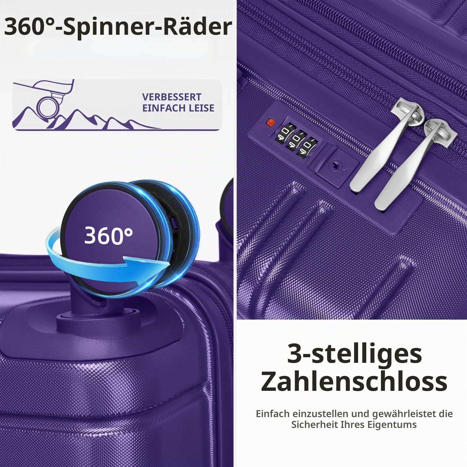 LARVENDER Koffersatz 6-teilig, erweiterbarer Hartschalenkoffer mit Drehradrollen und Schloss, leichtgewichtiger Hartschalen-Reisekoffer für Damen und Herren, Farbe: Glänzend Lila