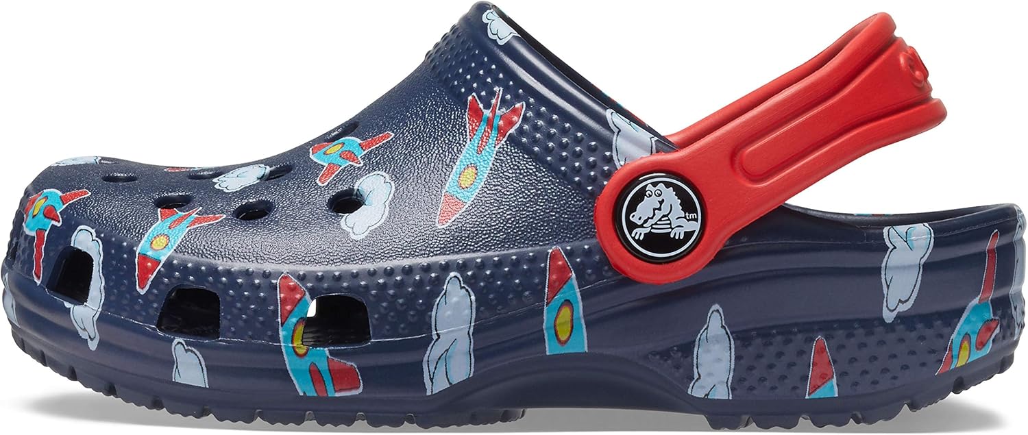 Crocs Kids' Classic Graphic Clog, Rockets/Clouds, 4 Toddler