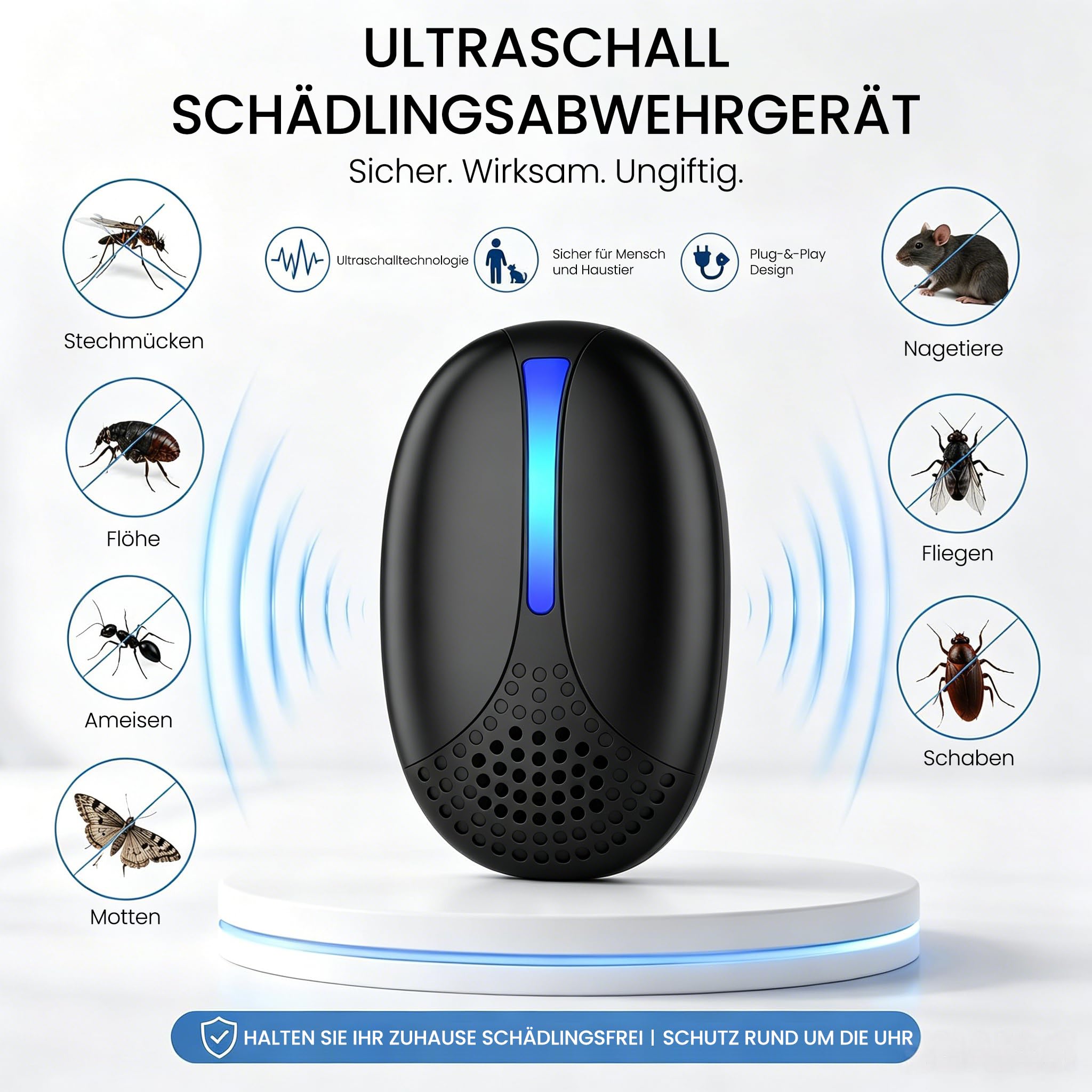 Ultraschall Schädlingsbekämpfer 6er Set – Plug-In Mäuseabwehr & Elektronischer Insektenvertreiber gegen Mäuse, Ratten, Mücken, Kakerlaken, Spinnen – Für Innenräume（Schwarz）