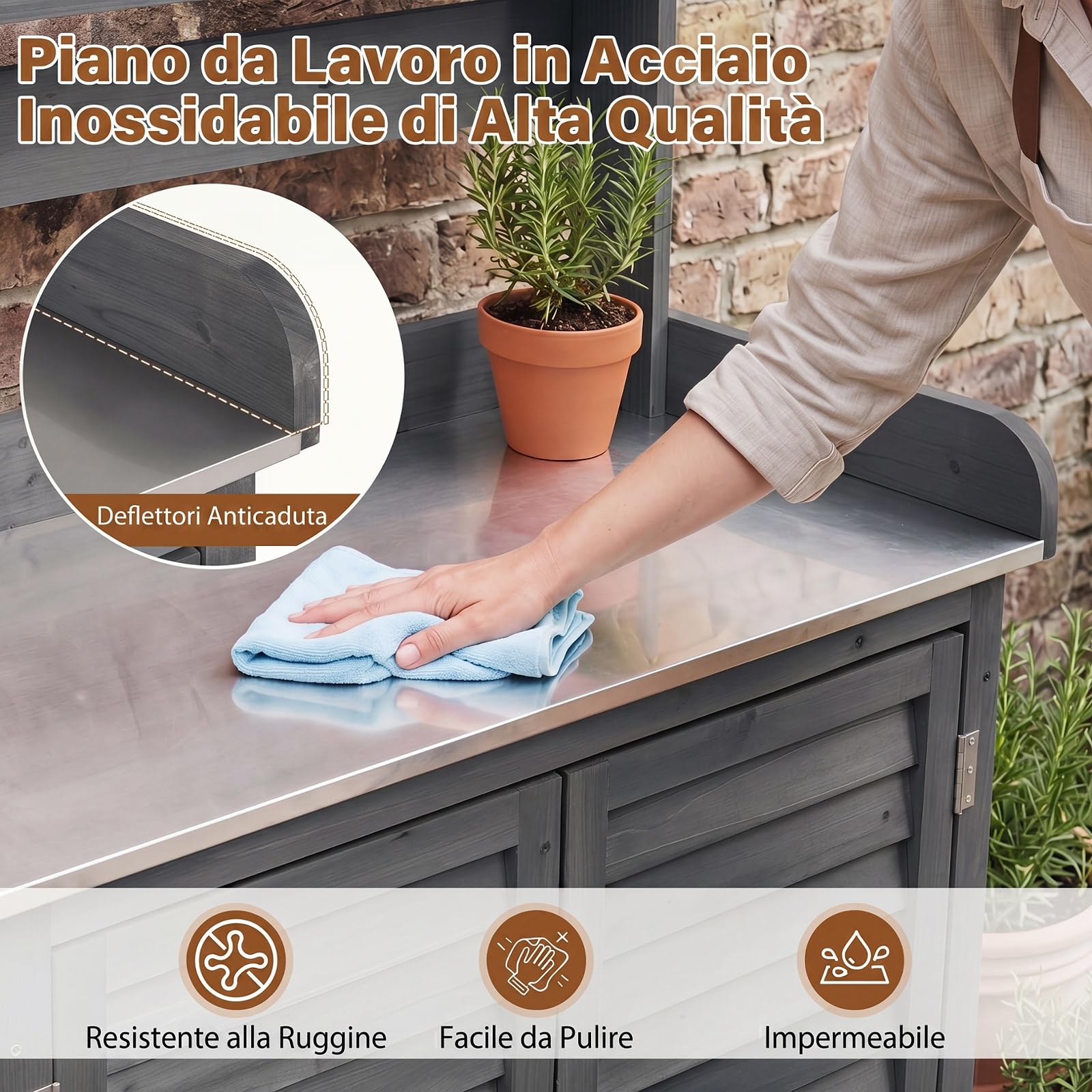 COSTWAY Armadietto da Esterno in Legno a 2 Livelli con Piano di Lavoro in Metallo Zincato, 3 Ganci Appendiabiti, Ripiani Rimovibili e Ante a Doghe, per Giardino, Balcone e Cortile (Grigio)