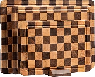 Cutting Board Set, Acacia Wood Checkered Cutting Boards for Kitchen, 3 pcs Chopping Board with Juice Grooves & Handles, Butcher Block Serving Tray for Meat, Vegetables and Fruits with Gift Box