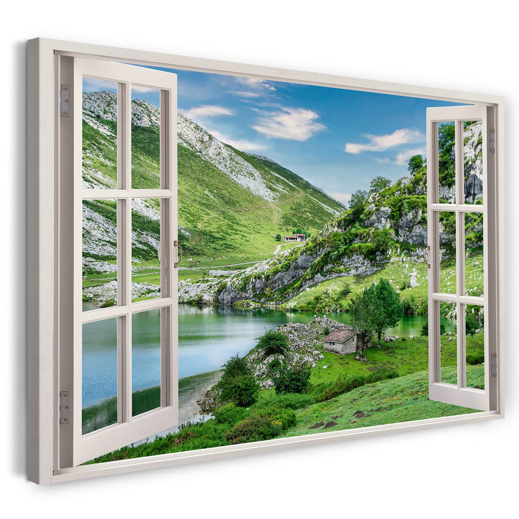 Print on Canvas (100x70 cm) view from the window - mountain landscape, lake, green nature - nature photography, real wood frame with hook