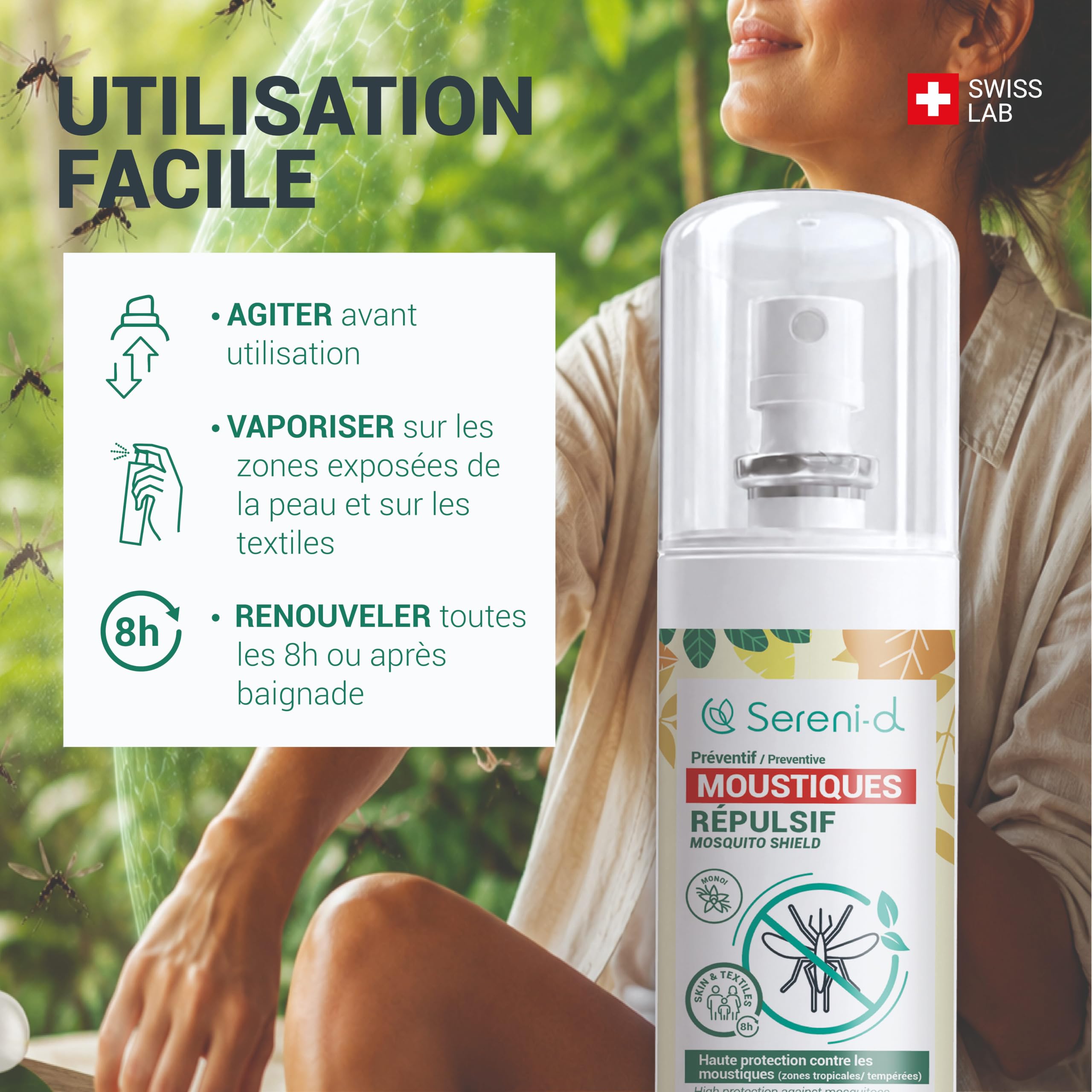 ANTI-MOUSTIQUES MONOÏ Spray Répulsif Corps & Vêtements 100mL – Eucalyptus Citronné – Jusqu'à 8h – Moustique Tigre – Dès 6 Mois – SANS DEET – Swiss Lab – Sereni-d®