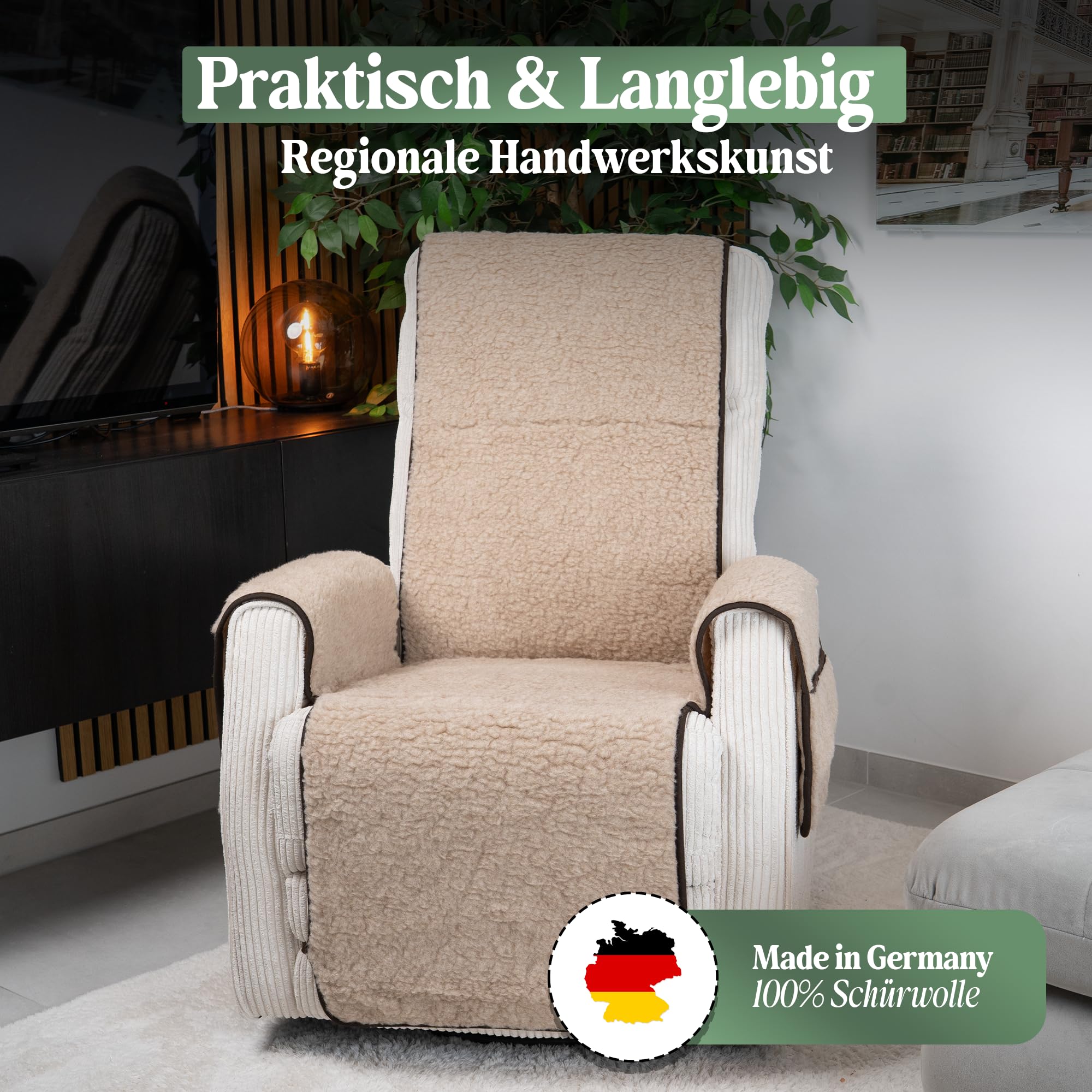 Novaliv Sesselschoner für Relaxsessel Hellbraun Universeller Sesselschoner mit Armlehne Schonender Sessel Bezug aus Schurwolle Komfort Sesselbezug Relaxsessel Sesselauflage Sesselüberwurf mit Armlehne