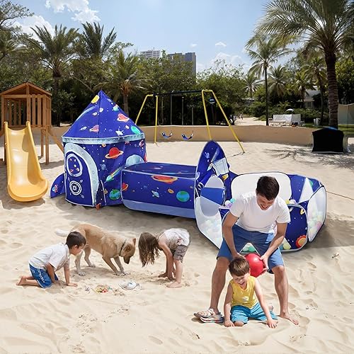 Miniatura 4 de TTLOJ Tienda de campaña de dinosaurio para niños de 3 piezas con hoyo de bolas, túnel de gateo, castillo de juguetes para niños pequeños, regalo