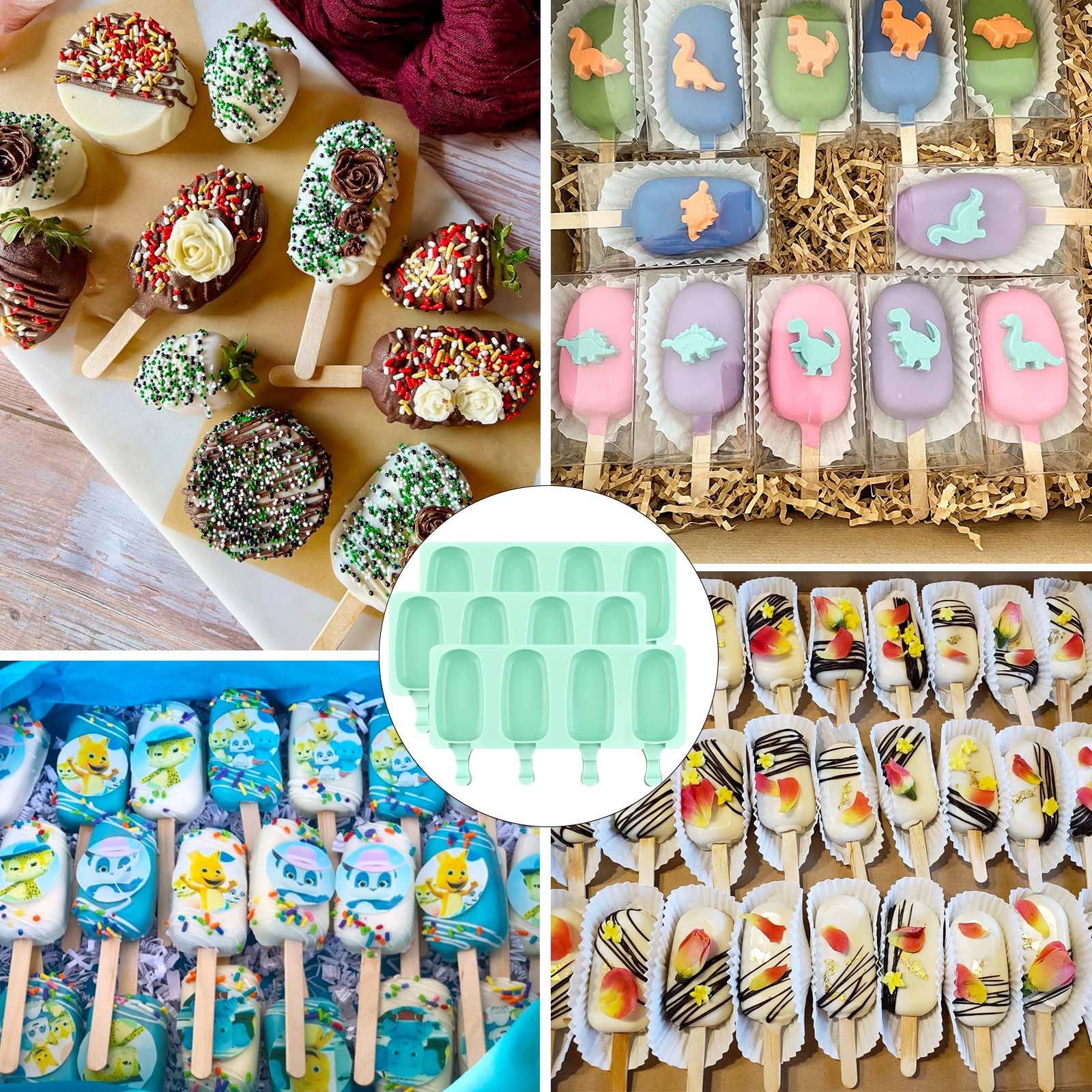 Set di 3 stampi grandi in silicone per ghiaccioli, 4 cavità, stampi ovali per gelato, gelato, torte, torte, con 100 bastoncini di legno, 100 sacchetti e 100 fascette a torsione (verde)