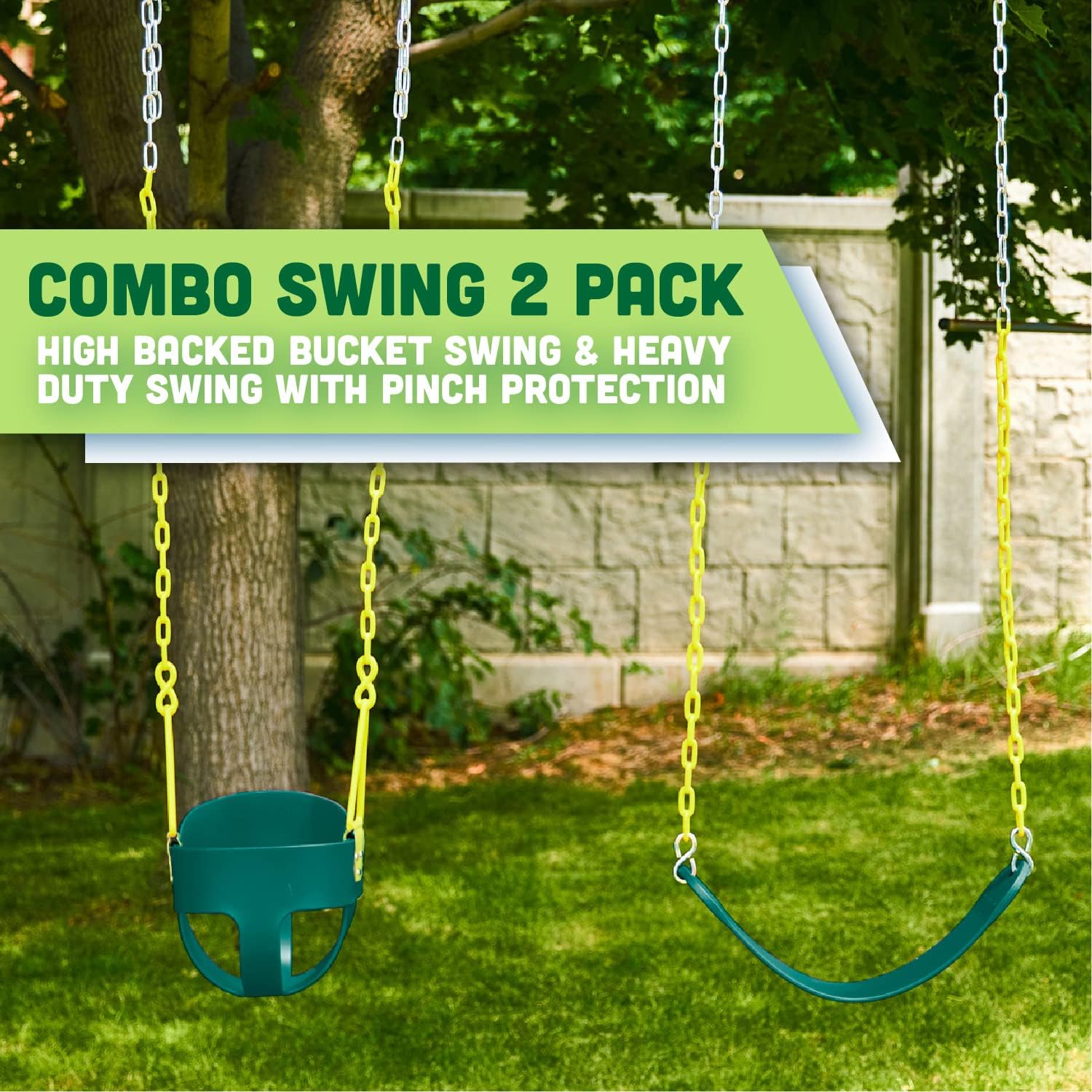 Combo - Deluxe High Back Full Bucket Swing (Triangle and Chain Dip) and Heavy-Duty Swing Seat with Carabiners - Green - Squirrel Products