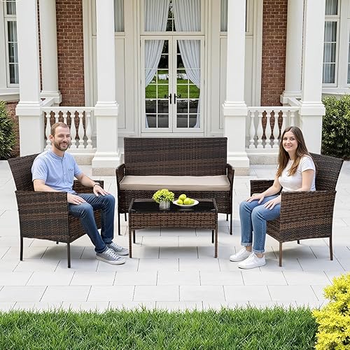 Vista 79 de FDW - Juego de muebles de mimbre de 3 piezas, sillas de ratán modernas con mesa auxiliar, resistentes a la intemperie, para exterior, patio, porche