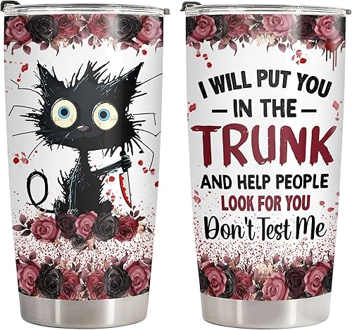 Vista 45 de Vaso de gato de terror con tapa, taza de película de terror de acero inoxidable de 20 onzas, taza de café única con gatos, Navidad, Halloween, Vaso