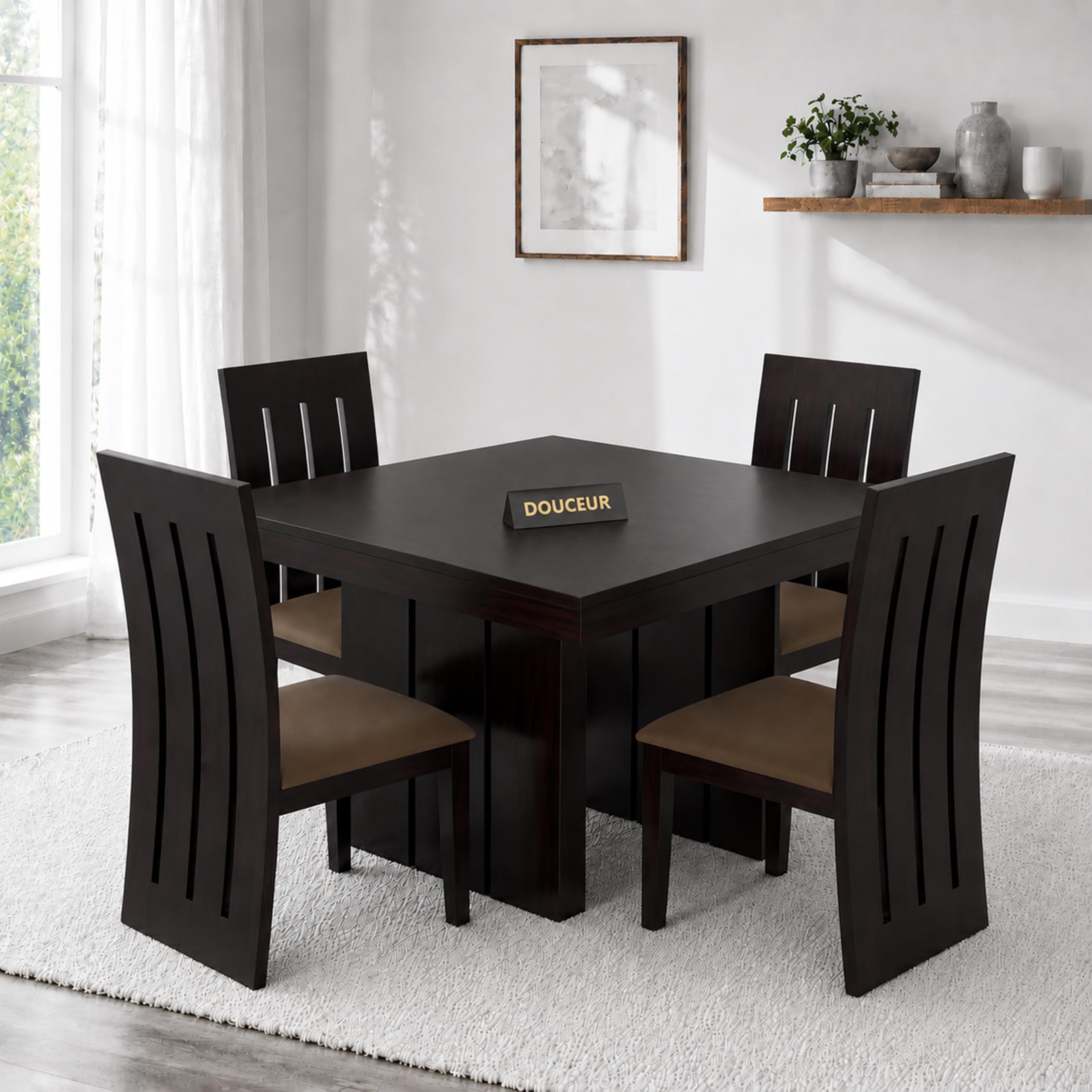 Douceur Furnitures Solid Sheesham Wood 4 Seater Dining | Four Seater Dining Set for Dining Room | Wooden One Dining Table with Four Chairs | Colour Finish- Walnut & Cushion- Brown-image-32