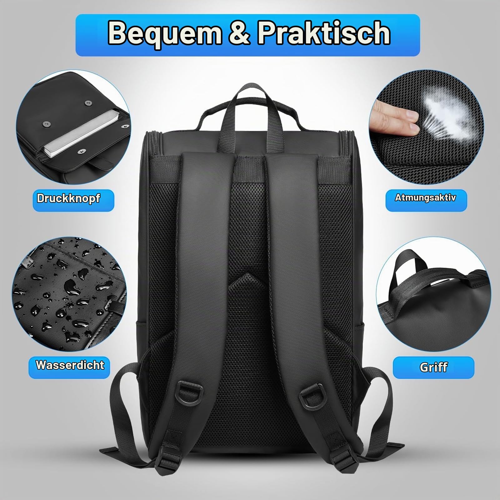 Business Rucksack Herren Wasserdicht 15,6 Zoll Laptop Rucksack Damen Arbeit Schulrucksack Mädchen Teenager für Freizeit Uni Reise-Schwarz