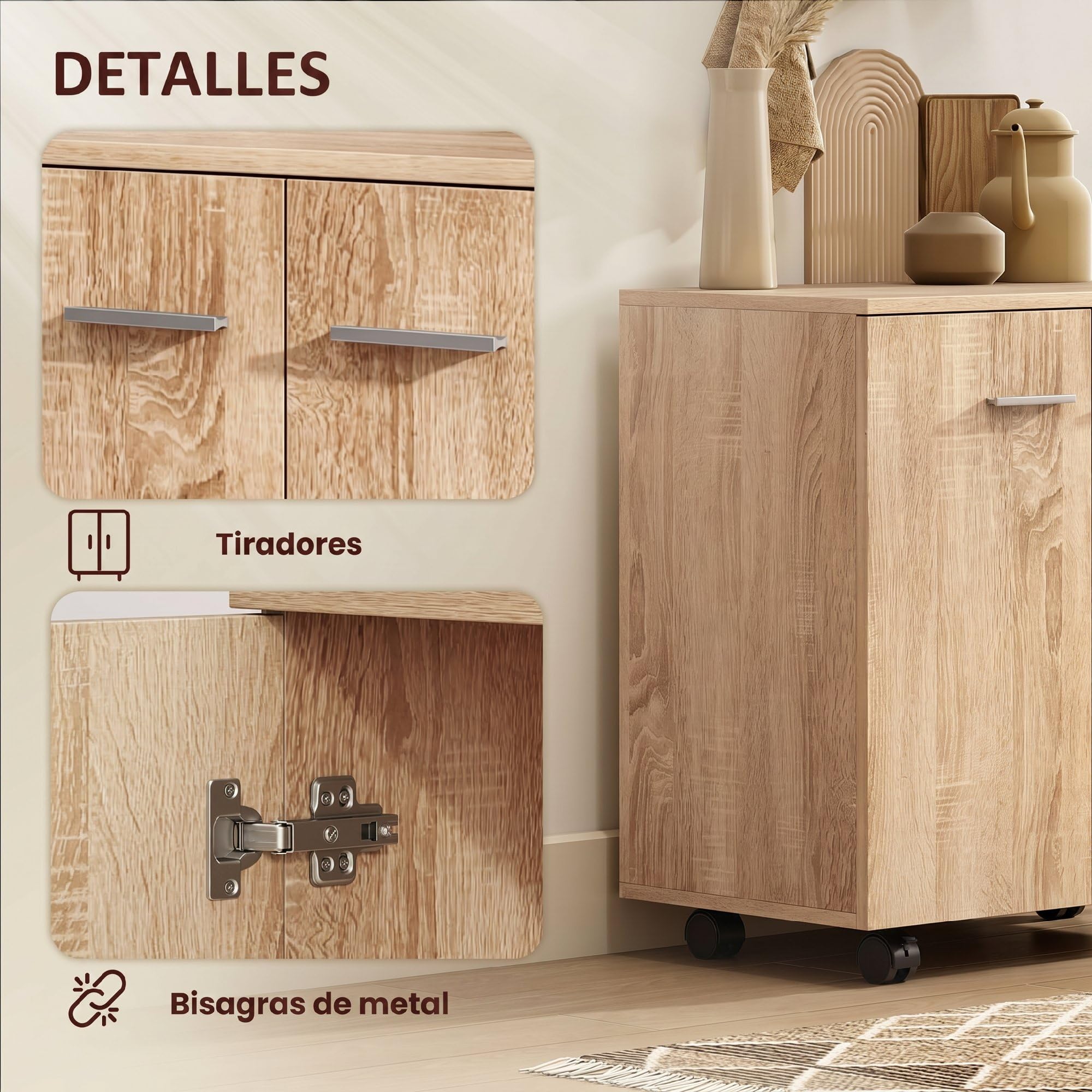 HOMCOM Aparador con Ruedas, Aparador de Salón con 2 Puertas y Estantes, para Sala de Estar, Dormitorio, Oficina, 60x35x65 cm, Natural