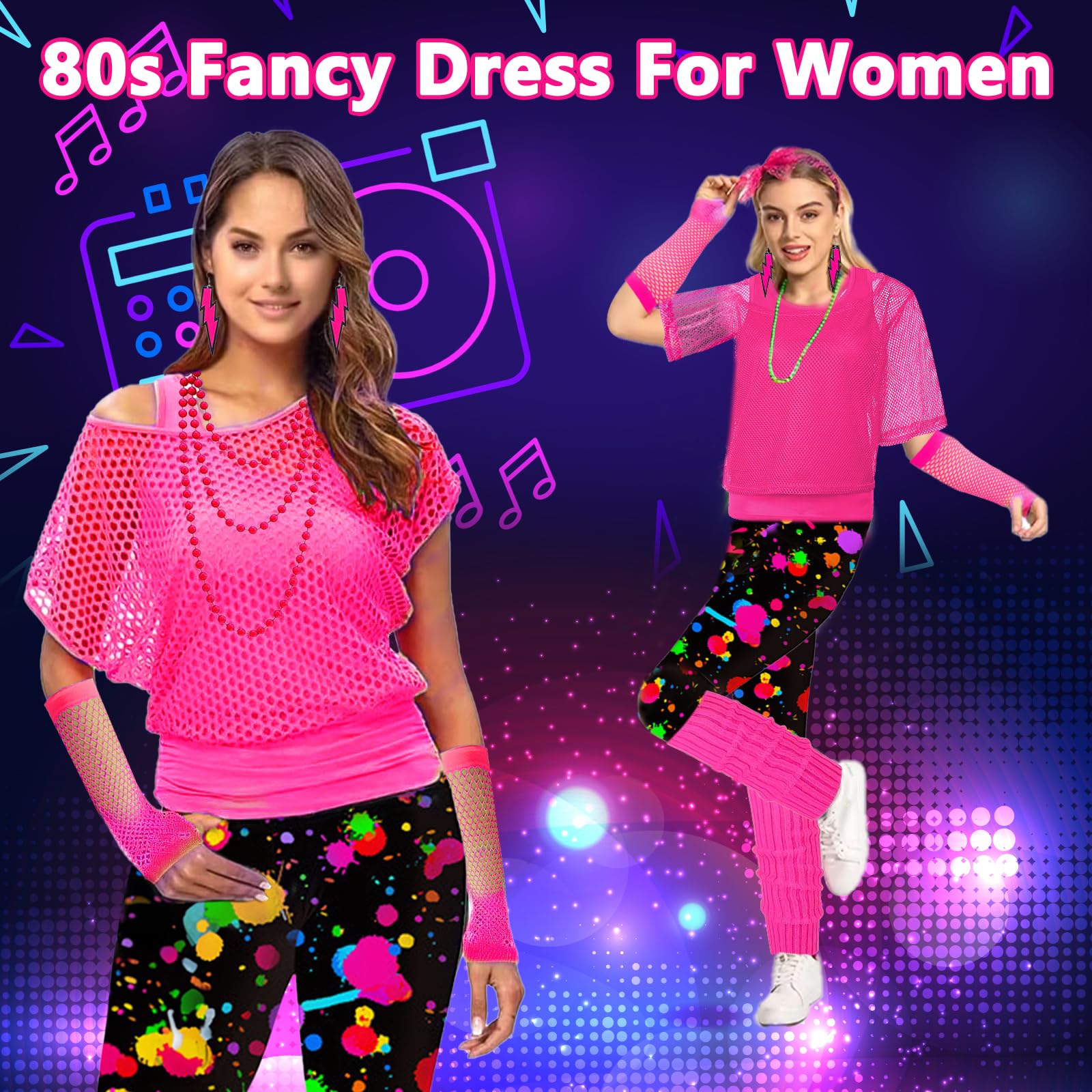 Déguisement Année 80 Femme, 26 Pièces Vetement Annee 80 Disco Fluo Accessoire Femme, Vetement Fluo, Costume Années 80 90, T-shirt, Jambières, Gants En Résille, Disco Costume Fête Néon