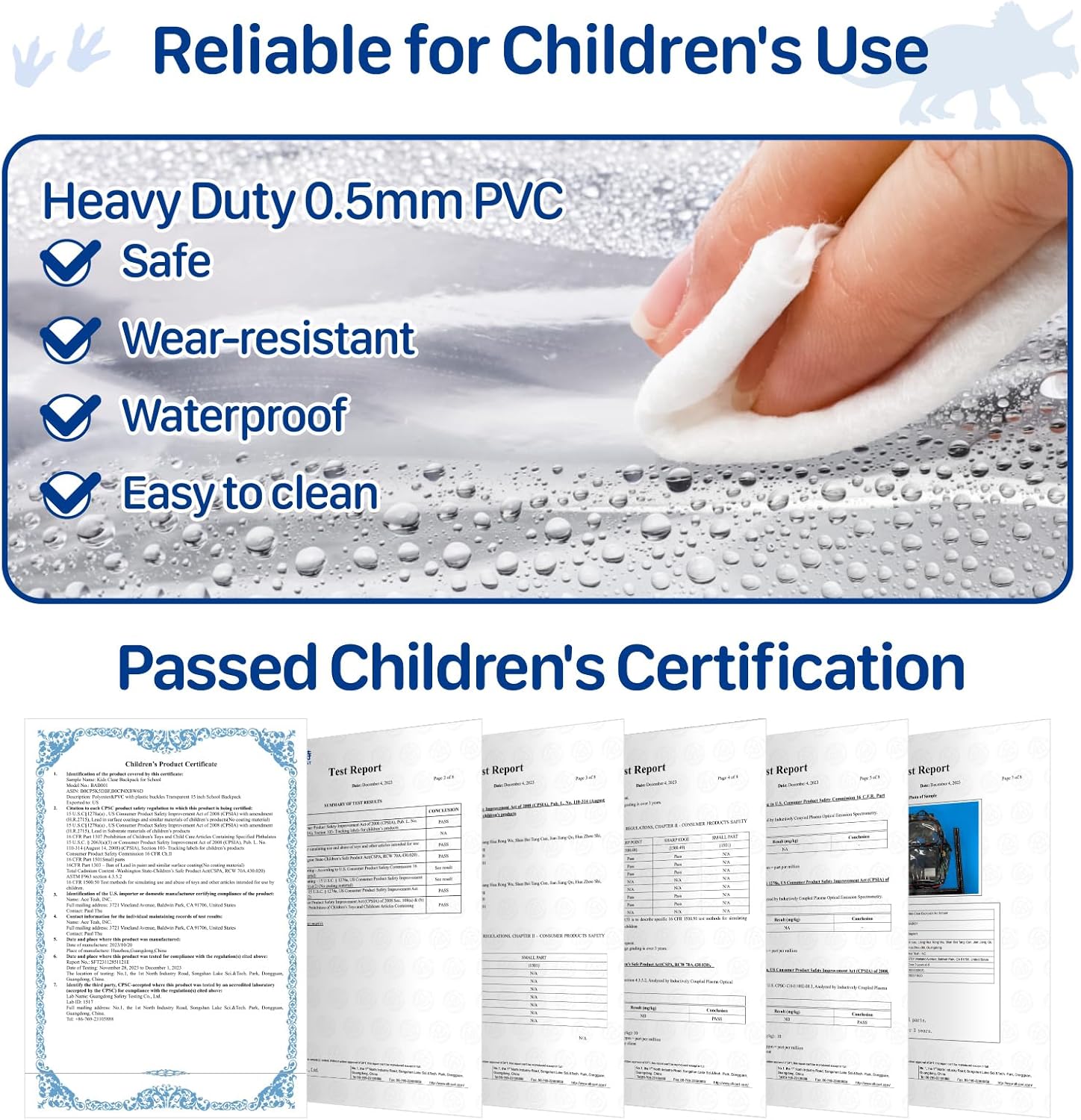 Bagseri Clear Backpack for Kids - 15 Inch Clear Bookbag for Boys Aged 3 to 8 Heavy Duty Transparent Backpack for School, Safe Reflective Strip, Cute Fabric Back Panel, Green Dinosaur