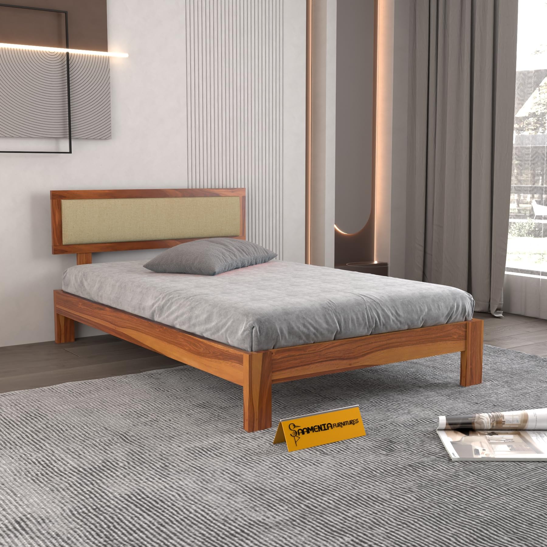 Divine Living Solid Sheesham Wood Single Bed Without Storage for Bedroom | Single Size Wooden Cot with Upholstered Headboard | Modern Platform Divan Bed for Home, Guest Room & Hostel (Honey Finish)-picture-34