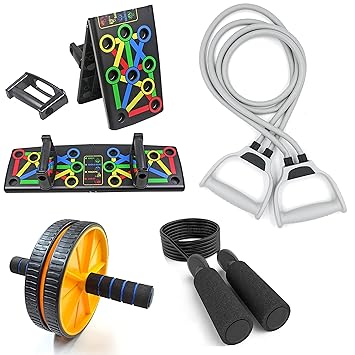 LIVOX Push-up Board 9 in 1 Body Building Push Up Rack Board And Ab Wheel Roller with Toning Resistance Tube Band, Skipping Rope Full Body Exercise Gym Equipment Set for Men & Women Home Workout Combo - Pack of 4