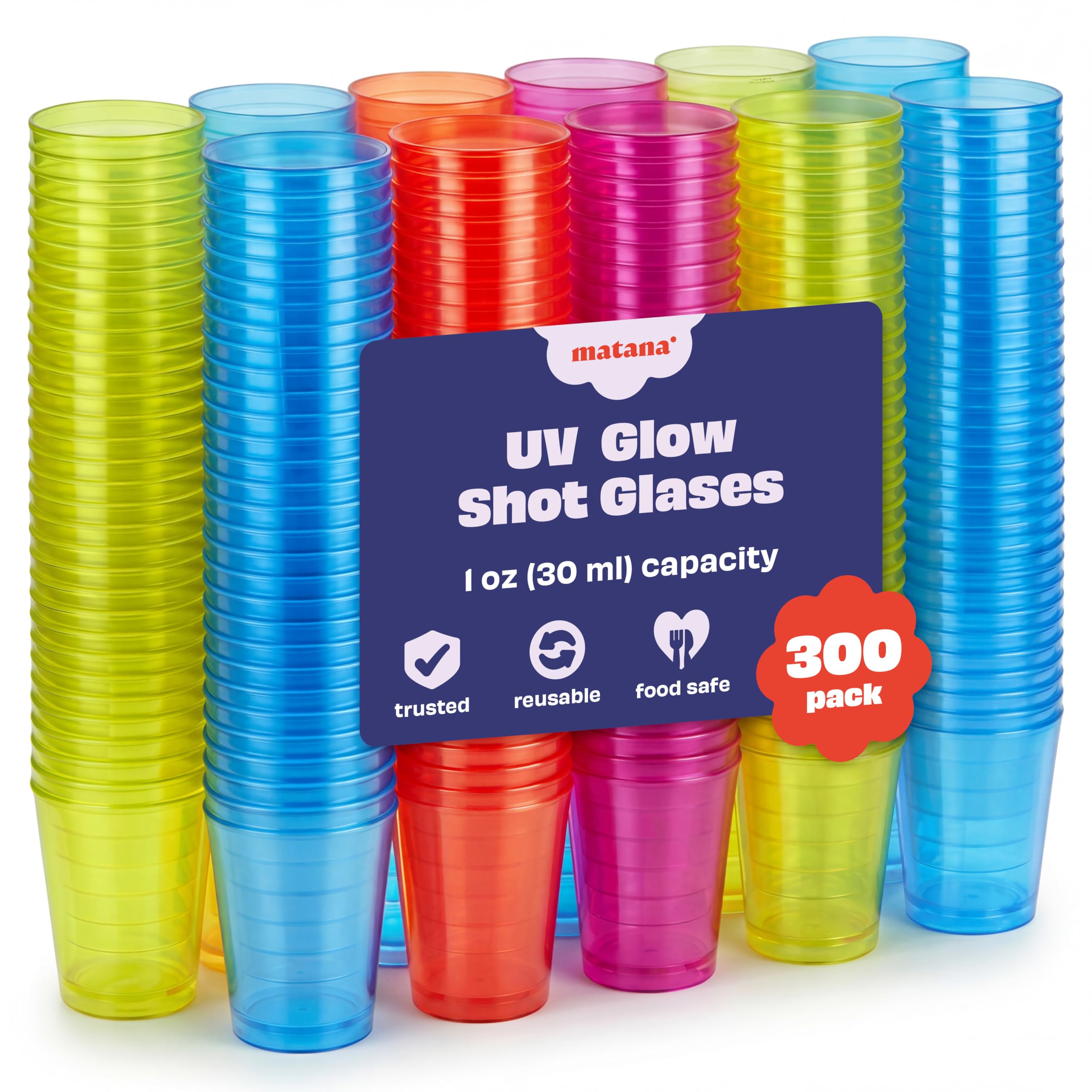 MATANA 300 Neon Plastic Shot Glasses (1oz), Party Shot Cups for Wine Tasting, Condiments, Sauce, Jello Shots & More - Sturdy & Reusable