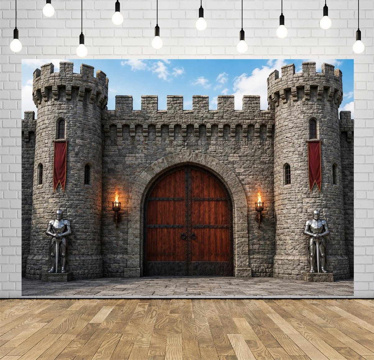 BELECO 3.6x3m Sfondo in tessuto Castello Medievale in Pietra | Muro Castello Fortezza Armature Cavalieri Torce Fiammanti Porta In Legno Sfondo Medievale Telo Di Sfondo