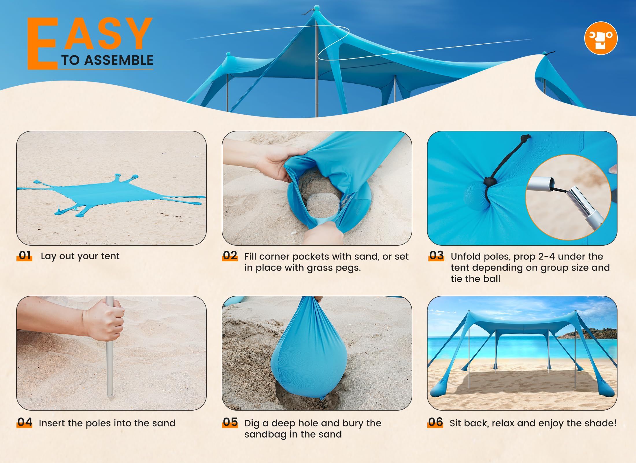 Tenda da Spiaggia Portatile Tents, Grande Tenda Mare Spiaggia UPF50+ Tenda Della Spiaggia di con 4 Pali, Pala, Picchetti e Borsa per il Trasporto per Campeggio, Pesca, 3x 3x 2M (sky blue)