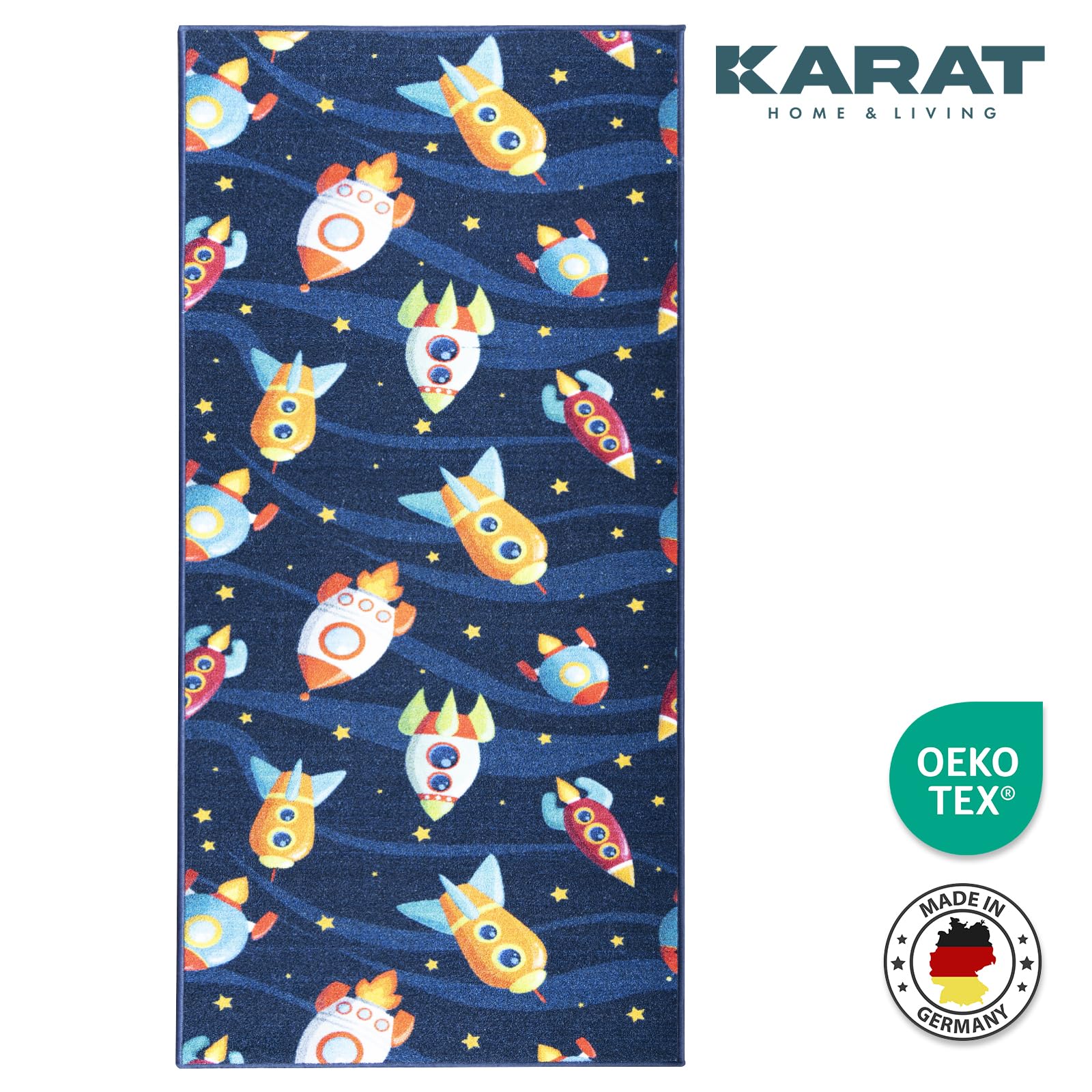 KARAT Alfombra infantil, para habitación y pasillo, antideslizante, resistente y fácil de cuidar, 80 x 200 cm, azul (lindos cohets)