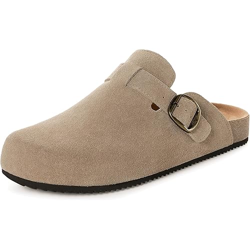 Womens Suede Clogs Mens Genuine Leather Mules Cork Footbed Sandals with Arch Support