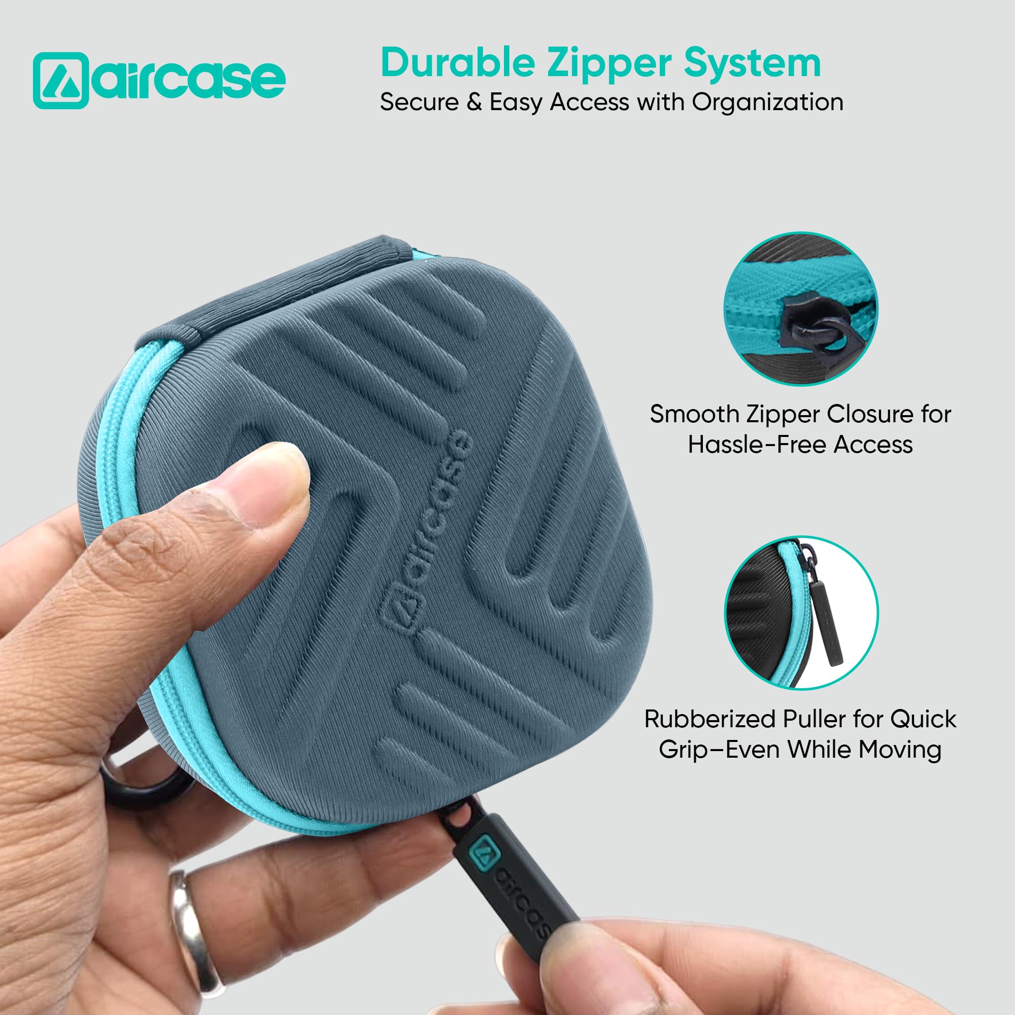 AirCase Earphone Case Pouch - 3-Layer Hard Shell with Carabiner | Wired Earphone Carrying Case, Travel Organizer for Earbuds, USB Drives, SD Cards, Cables (Grey) 4