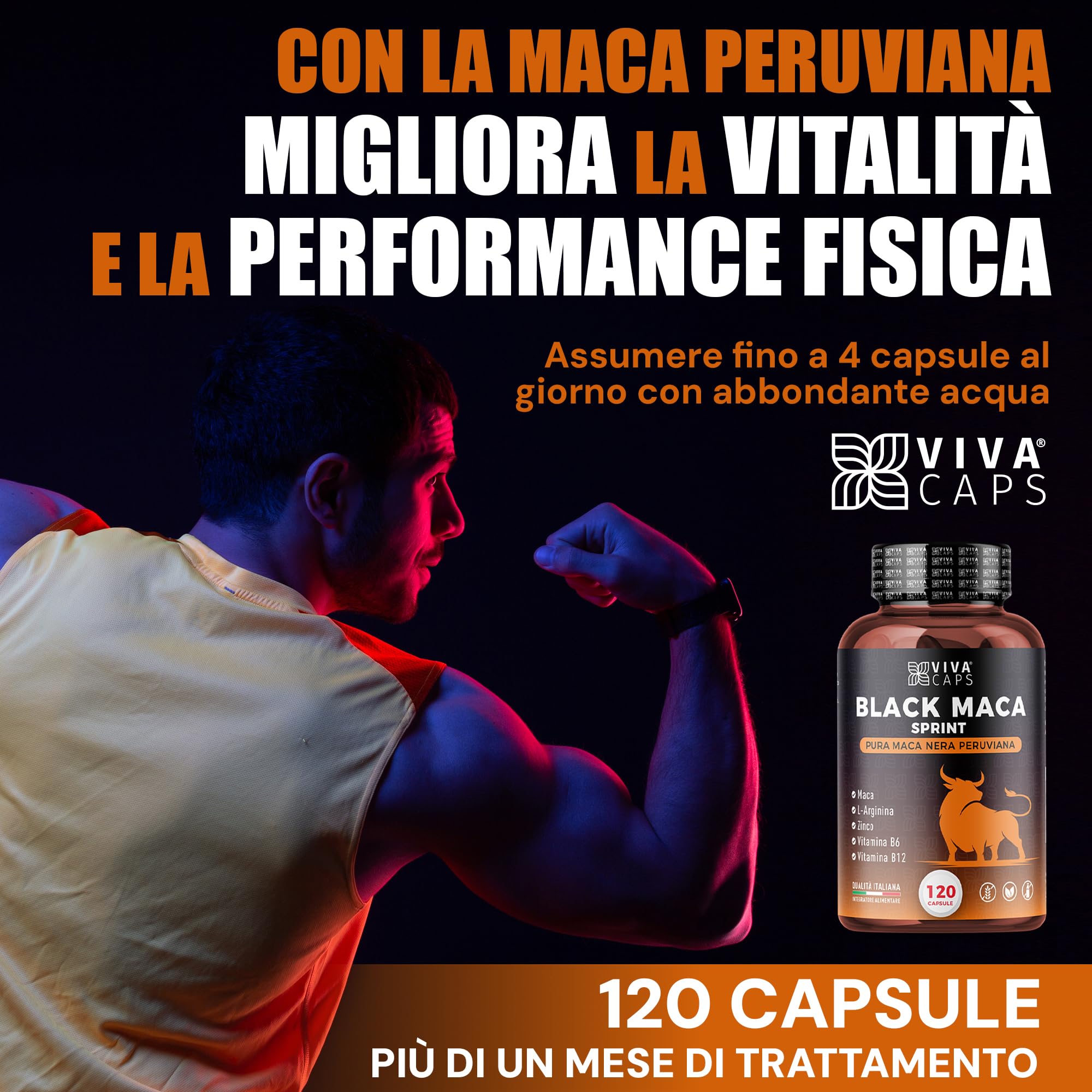 Maca peruviana 24000 mg al giorno estratto 20:1 120 Cps, Black maca con L-Arginina, Zinco, Vitamina B6 e B12 per energia e supporto per la massa muscolare - Made in italy