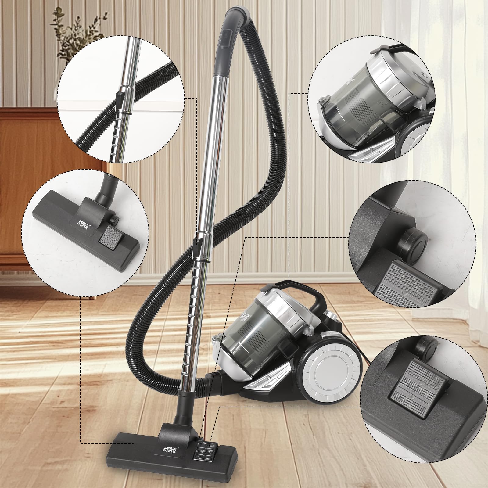 Aspirador sin bolsa con cable 1200W,Filtración HEPA & Bandeja de polvo 2L, tecnología ciclón, 16 KPa de potencia de succión potente, para pelo de animales y limpieza completa