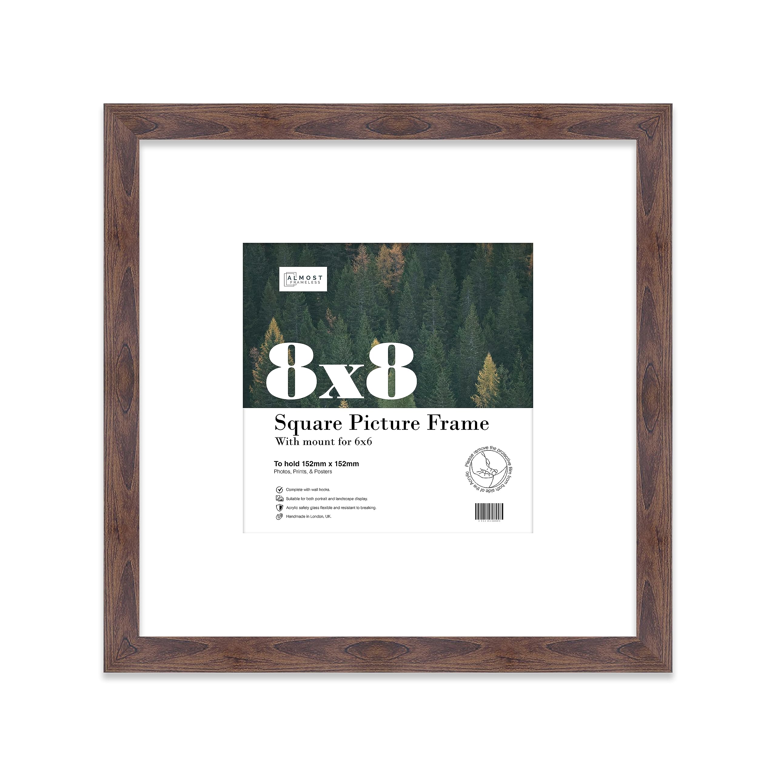 8x8 Walnut Picture Frame with Mount for 6x6 Photos, Prints - Modern Square Wall Frame, 1 Pack