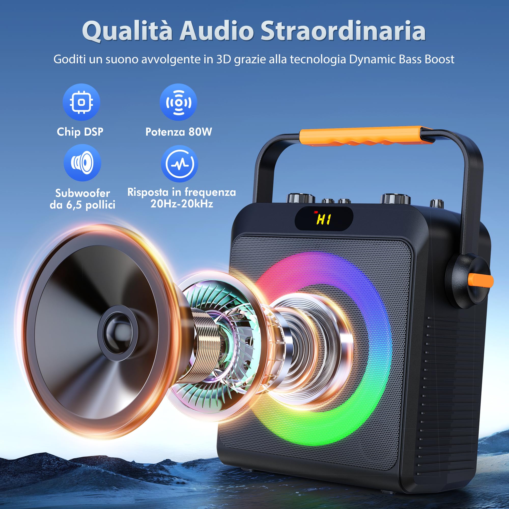 JYX Karaoke con 2 Microfono, 5.3 Cassa Bluetooth, Canta tu 12+ Ore di Riproduzione, Altoparlante con Luci DJ, Cassa Karaoke Professionale per Feste a Casa e all'Aperto, Supporto REC, TWS
