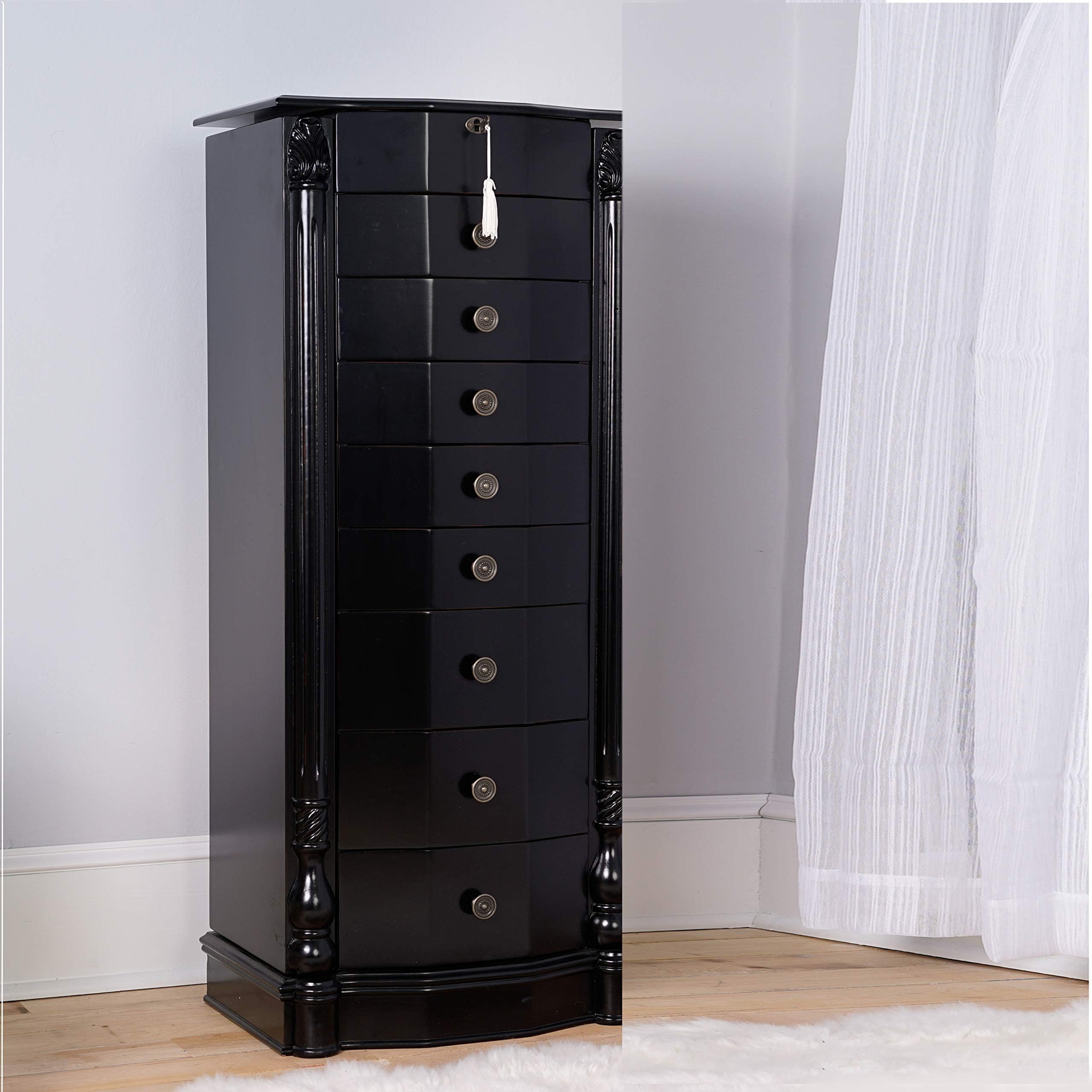 Alveare Home Louisa Standing Locking Jewelry Armoire – Wood Storage Cabinet with Mirror, 8 Drawers, Necklace Hooks, Ring Rolls & Cord Organizing Port – Safe & Elegant Organizer