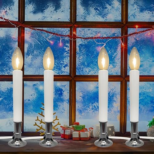 Abeja Velas eléctricas de Navidad para ventana, lámpara de vela de Navidad enchufable con 4 bombillas LED C26, enciende la vela en la oscuridad y se