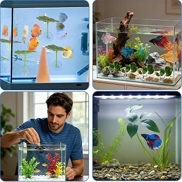 7 Pcs Betta Fish Tank Accessories, Leaf Hammock with Suction Cups Set | Betta Fish Tank Accessories for Resting, Hiding, Playing and Breeding with Natural-Looking Aquarium Décor
