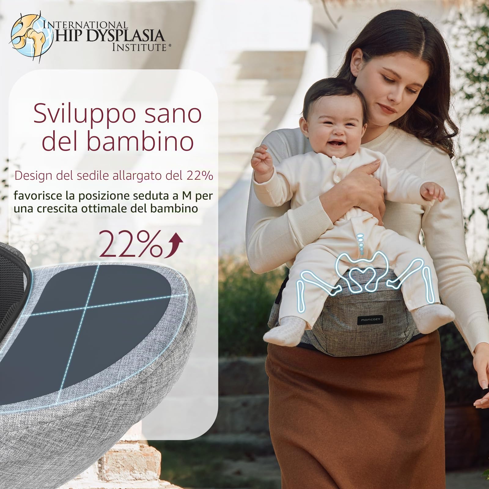 Momcozy Hip Seat - Marsupio porta bebè regolabile con protezione originale 3D per la pancia e tavola massaggiante in EVA, marsupio ergonomico con varie tasche per neonati e bambini fino a 20,4 kg