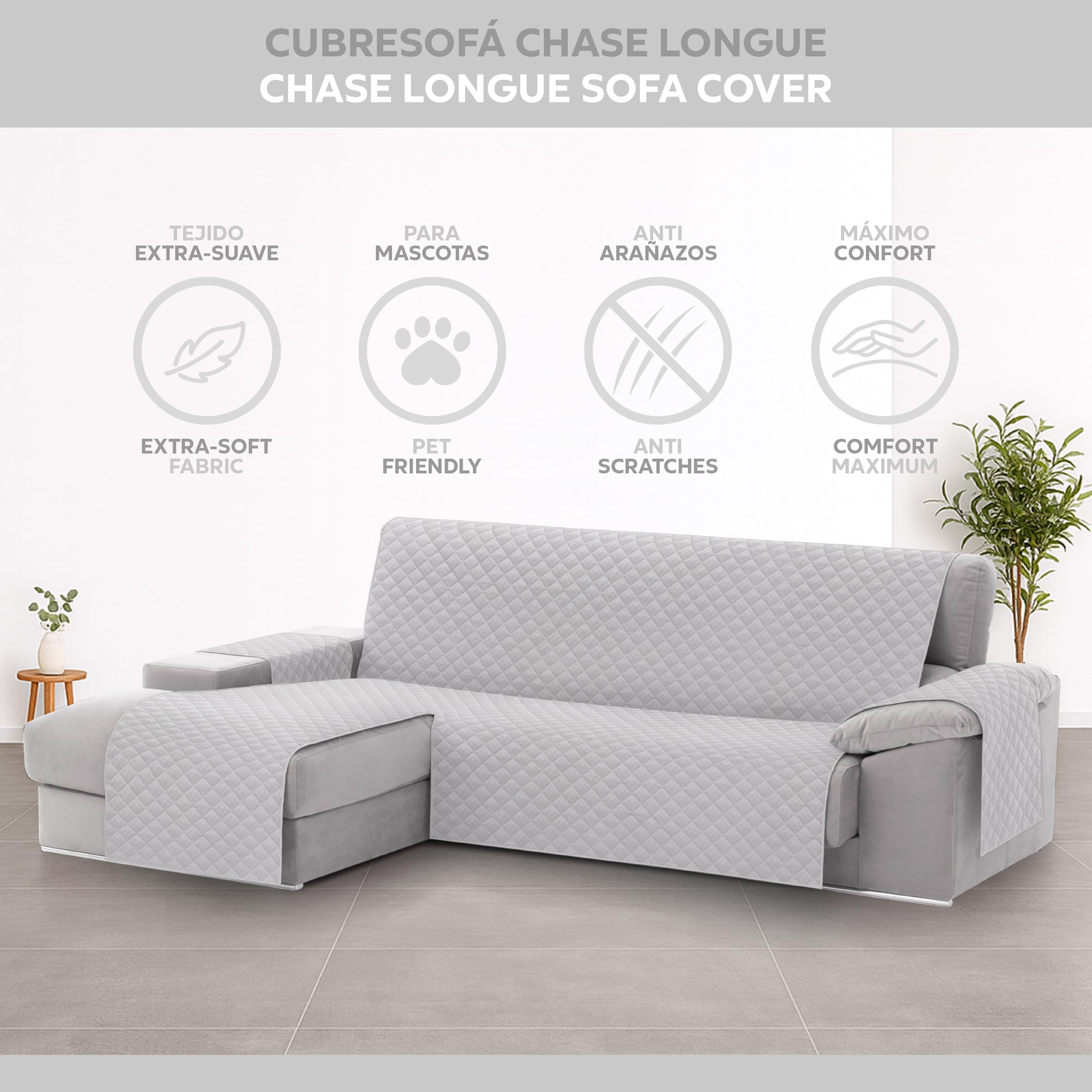 Textilhome Copridivano Chaise Longue con Penisola Malu 240cm – Salvadivano Trapuntato Universale con Bracciolo Sinistro, Protezione per Animali Domestici, Colore Grigio Chiaro (Visto da Davanti)