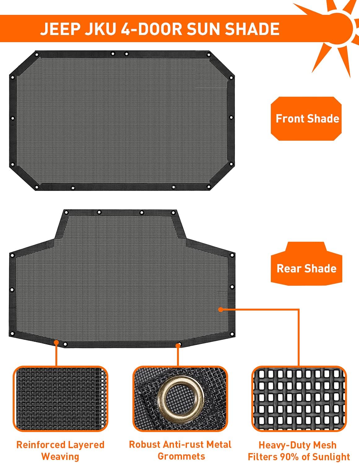Savadicar JK Sunshade Top, Mesh Sun Shade Cover, UV Blocker Bikini Screen Compatible with 2007-2018 Jeep Wrangler JKU 4 Door, Front and Rear 2 Pieces, Durable Polyester, Black