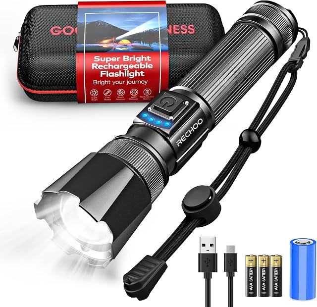 RECHOO Torches LED Super Bright, XHP70 10000 Lumens Rechargeable LED Torch with 5 Modes and Type-C Fast Charging, Waterproof Battery Powered Tactical Flashlight Torch for Camping Fishing Emergency