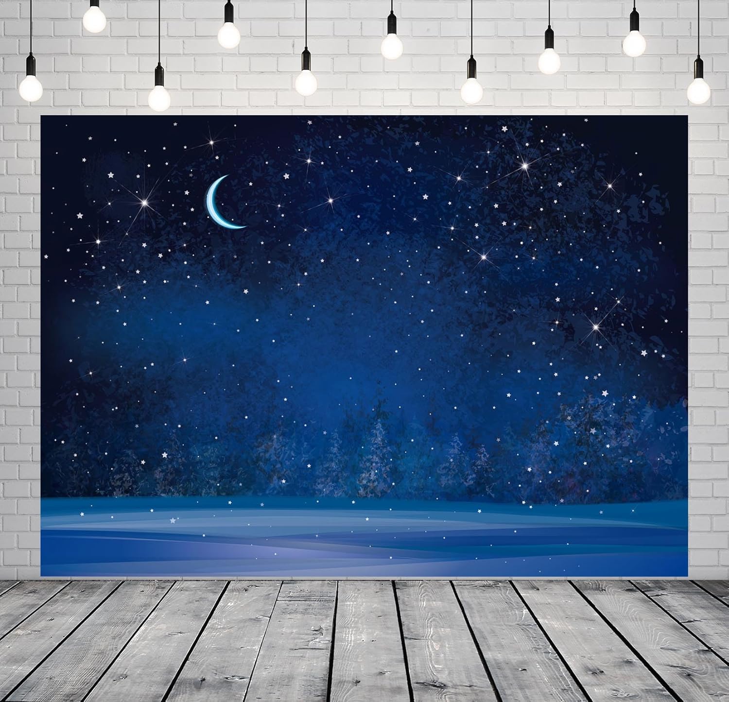 BELECO 10x6.5ft Fabric Winter Wonderland Night Snowfall Backdrop Blue Starry Sky Moon Stars Snowflakes Fir Trees Pine Forest Snow Scene Background Christmas New Year Party Decoration Photo Studio Prop