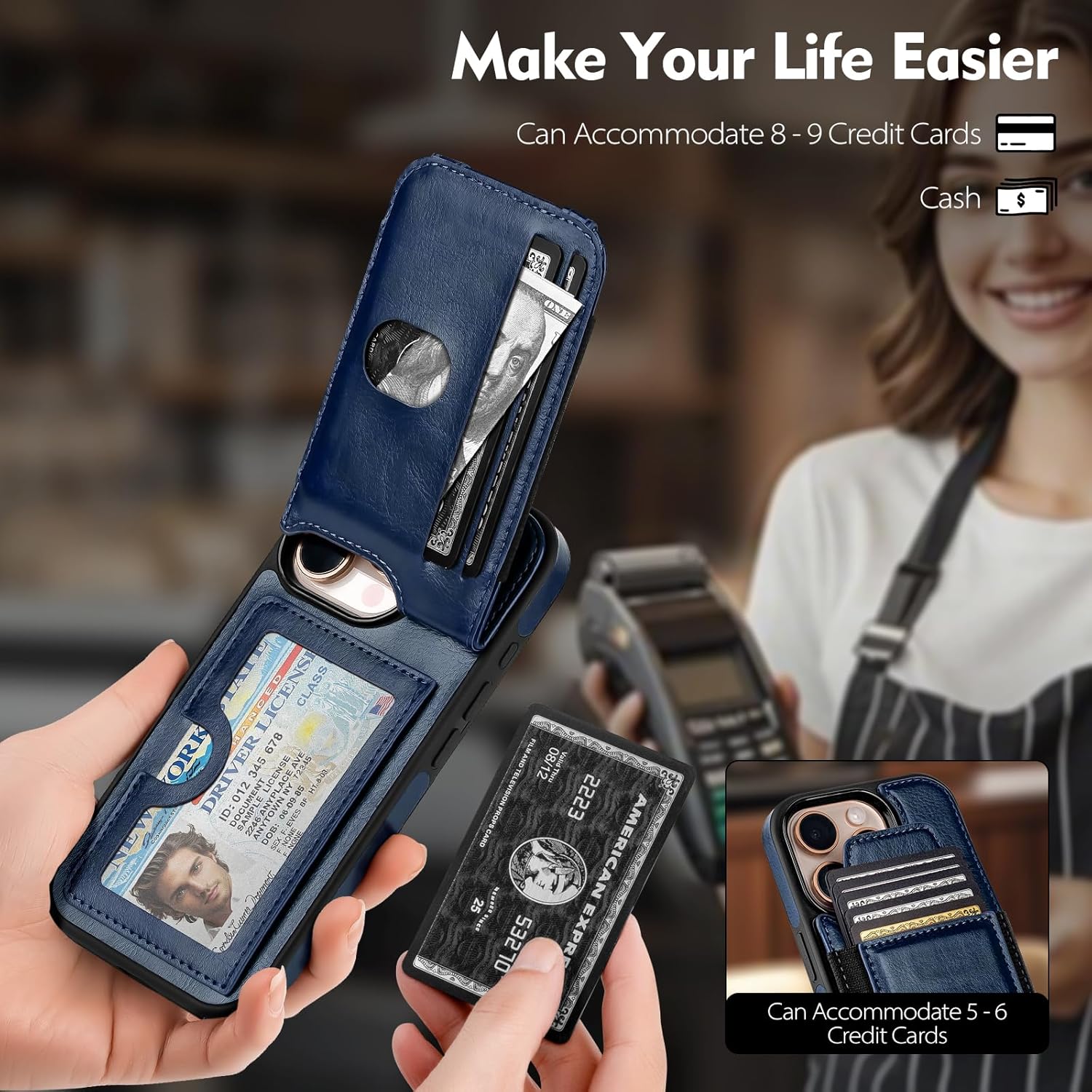 Compatible with iPhone 16 Pro Max Wallet Case with Card Holder,Women Men PU Leather RFID Blocking Shockproof Magnetic Flip Cover Credit Card Slots Kickstand,for Apple 16 Pro Max,Blue - Image 4