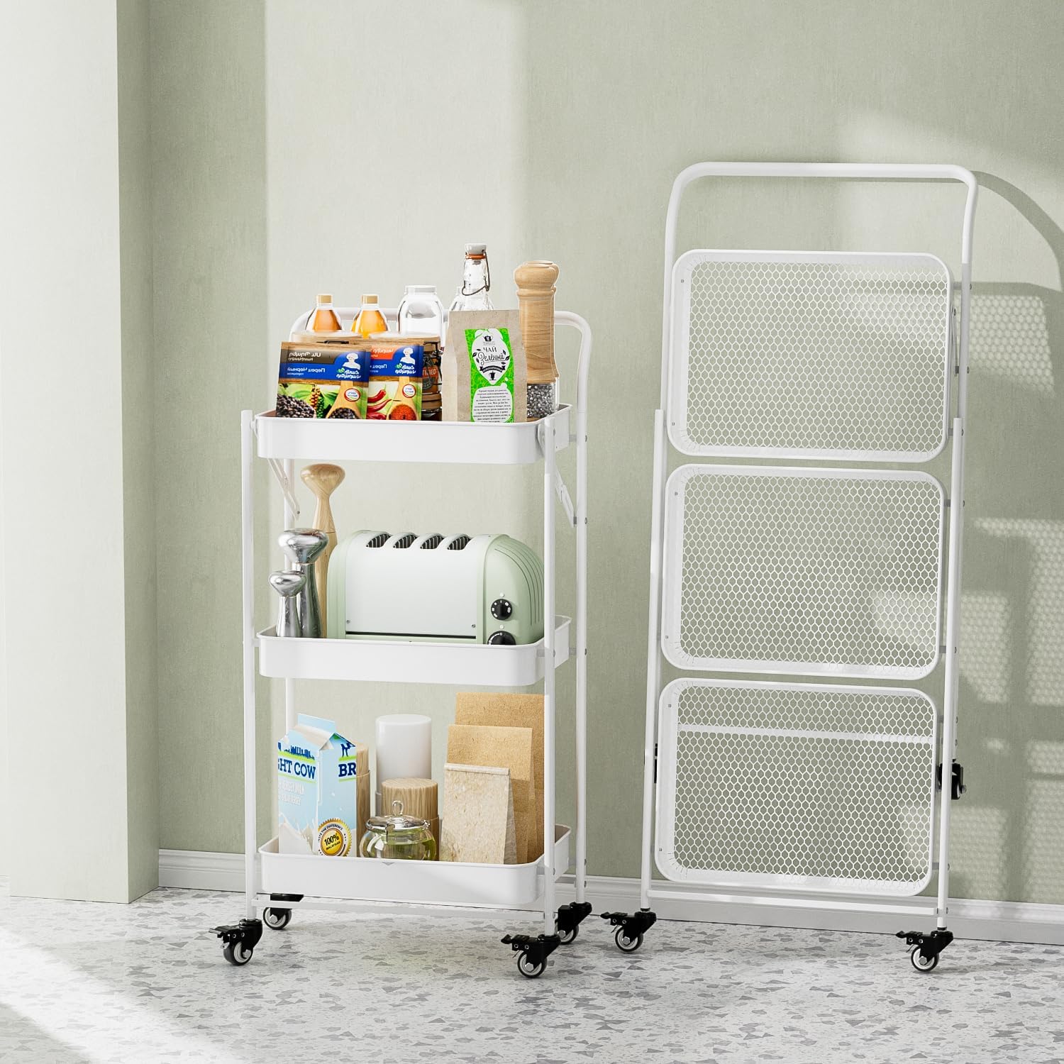 JAQ Foldable Rolling Cart, 3-Tier Metal Small Folding Storage Utility Carts Basket Rack Organizer with Handle on Wheels for Snacks Books Fruits for Kitchen Laundry Room Bathroom - (White, 3-Layer) White /3-tier