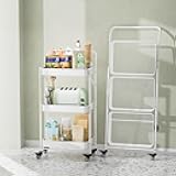 JAQ Foldable Rolling Cart, 3-Tier Metal Small Folding Storage Utility Carts Basket Rack Organizer with Handle on Wheels for Snacks Books Fruits for Kitchen Laundry Room Bathroom - (White, 3-Layer)