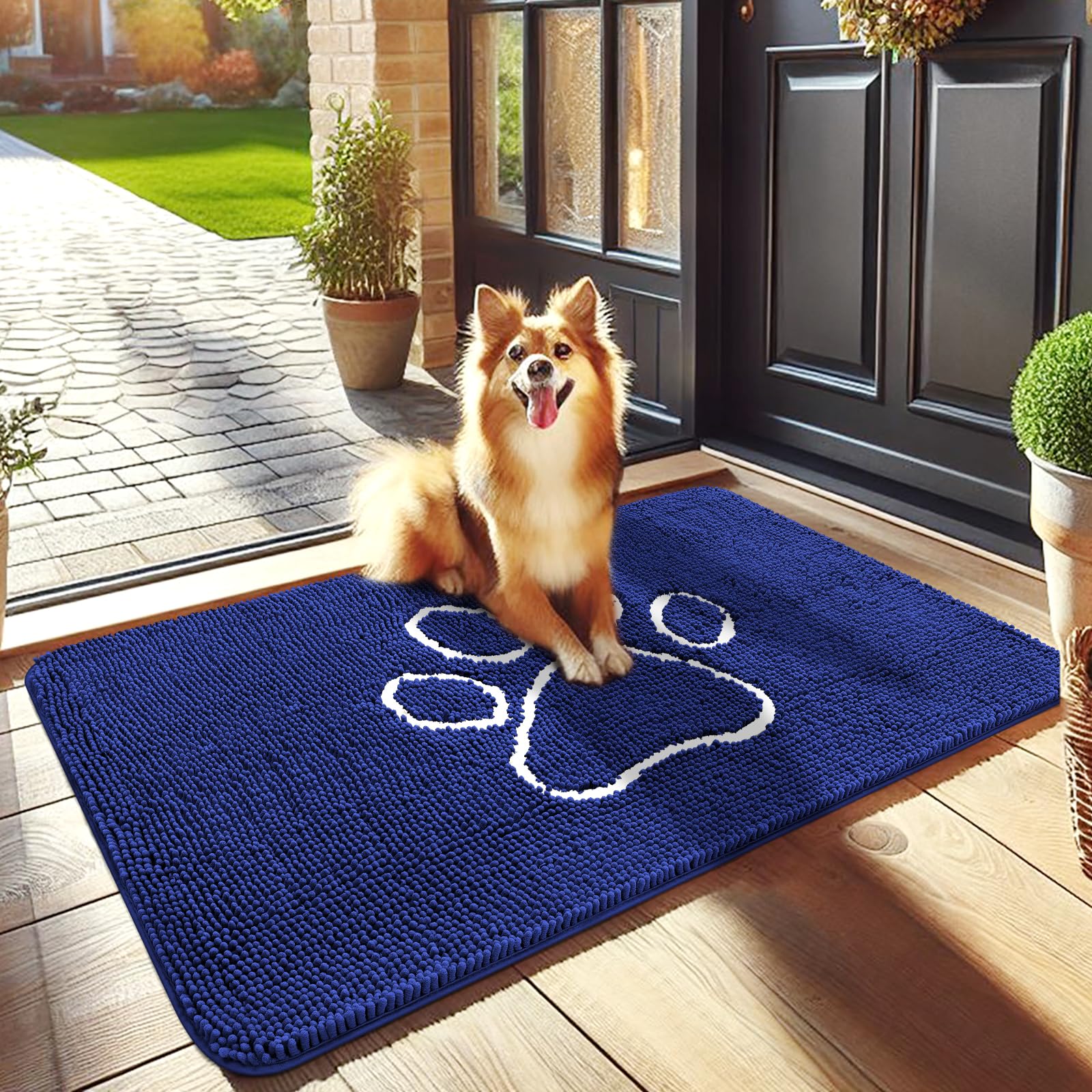 smiry Dog Door Mat for Muddy Paws, Absorbent Dirt Trapper Non-Slip Washable Mat, Quick Dry Chenille, Mud Mat for Dogs, Entry Indoor Door Mat for Inside Floor (36x24 Inches, Navy Blue)