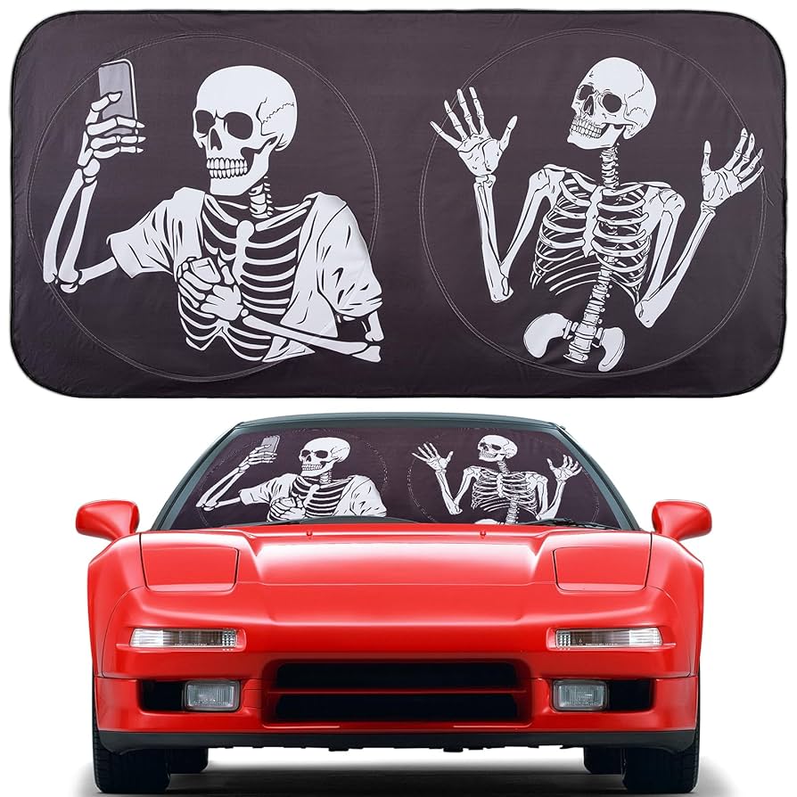 ARANA Funny Car Windshield Sun Shade, Weird Design Skeleton Brothers Front Window Sunshade with UV Protection, Foldable Sun Visor Universal Fit ...