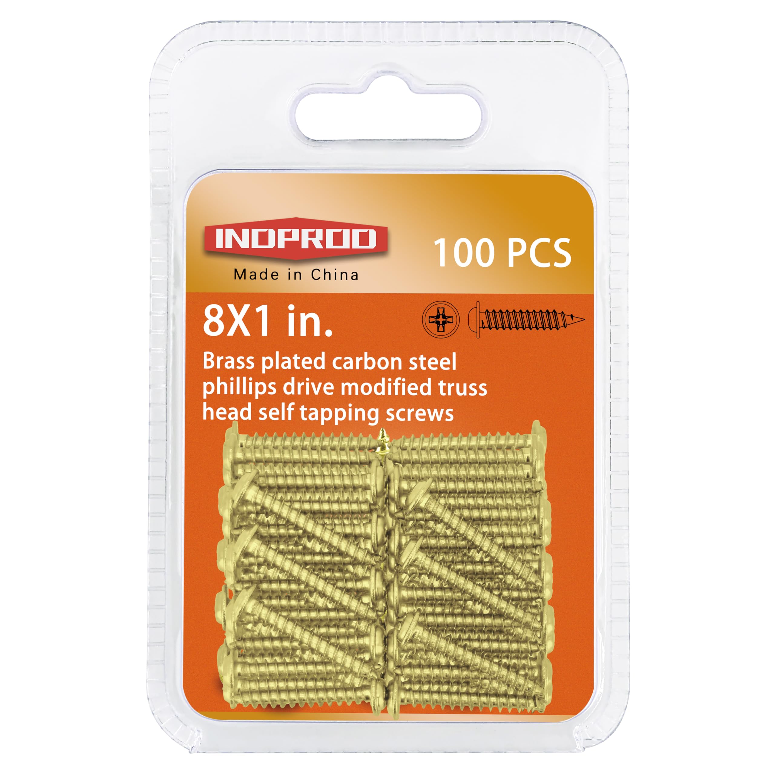 INDOROD #8 x 1 Truss Head Phillips Wood Screw (100 Pack), Brass Plated Screws, Self Tapping Wood Screws, Modified Truss Head, Brass Screws for Wood, 8