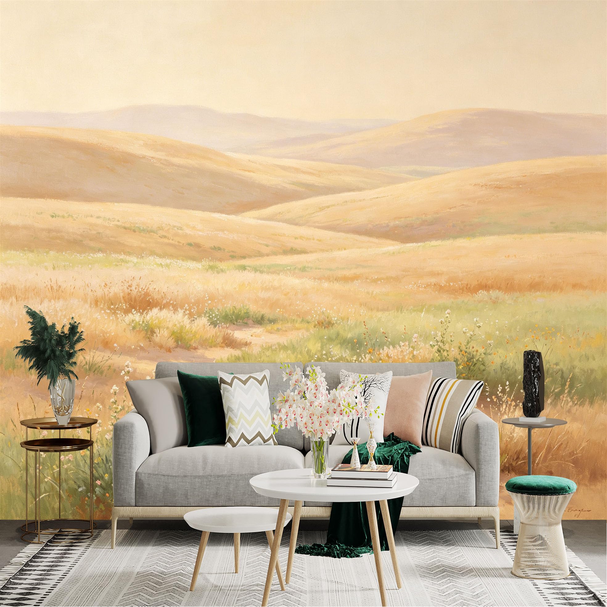 Lnzczhyre Dbh260521118 Custom Size Wall Sticker Mural， Golden Wheat Field， Rolling Hills Landscape， Soft Morning Sunlight， Rustic Nature View， For Wall Decoration， Peelandstick Wall Decals.