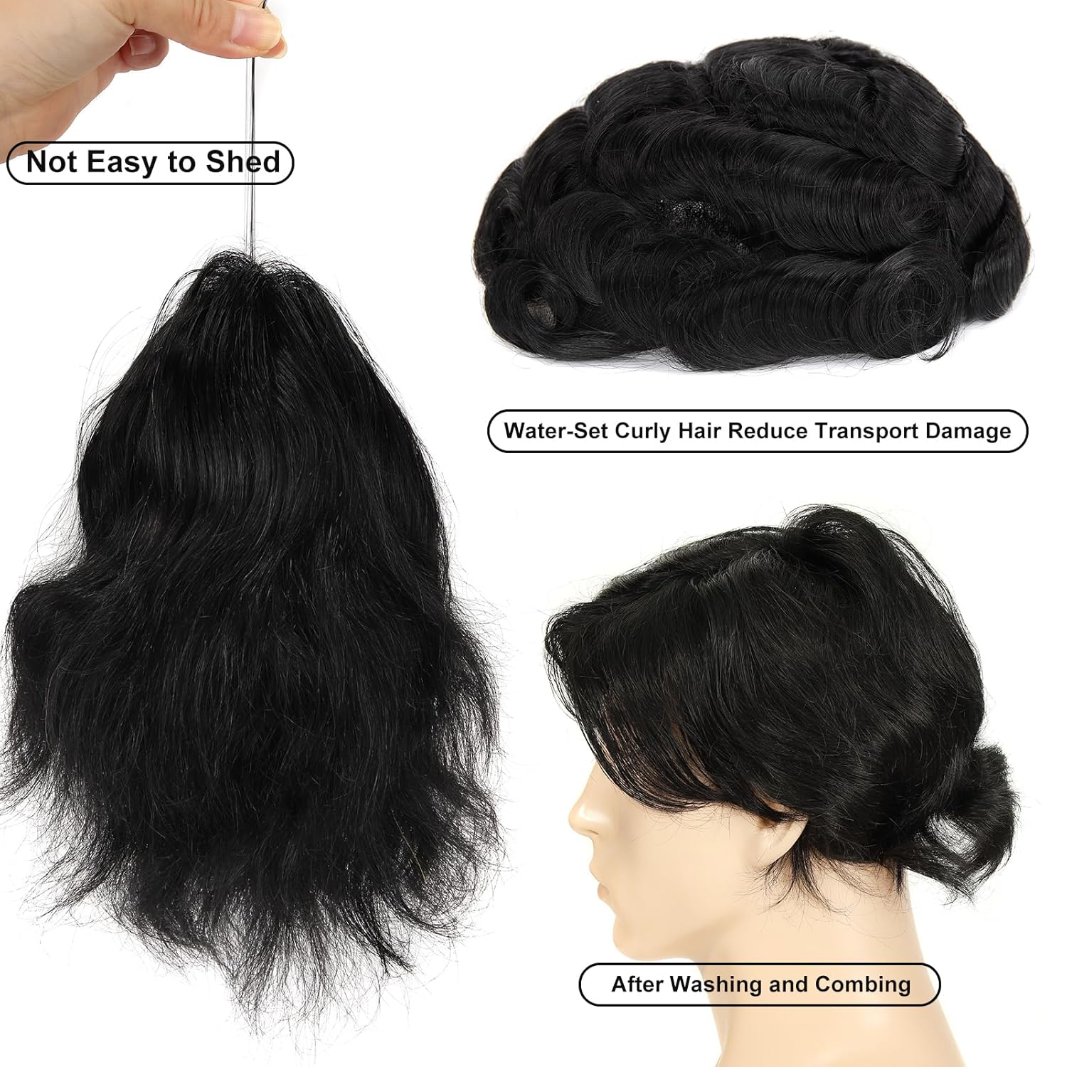 Swiss Lace Top and Invisible PU Around Base Toupee for Men, 8x10 Inch Base 130% Density Remy Human Hair System #1 Black