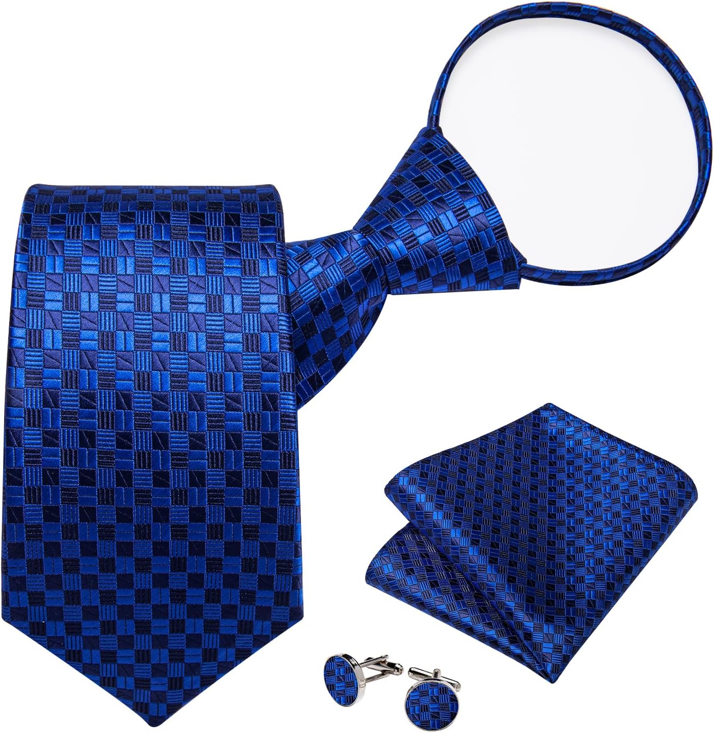 DiBanGu Mens Adjustable Zipper Ties, Woven Paisley Striped Plaid Necktie and Pocket Square Cufflinks Set Pre-tied Wedding Tie