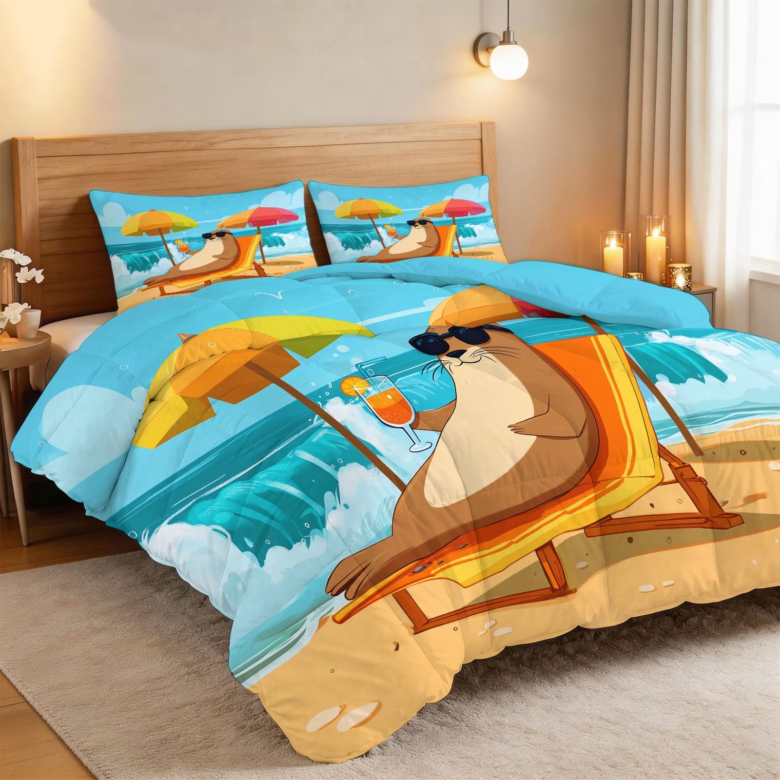 Couette 1 person bleu microfibre 140x200 4 saisons motif animal marin