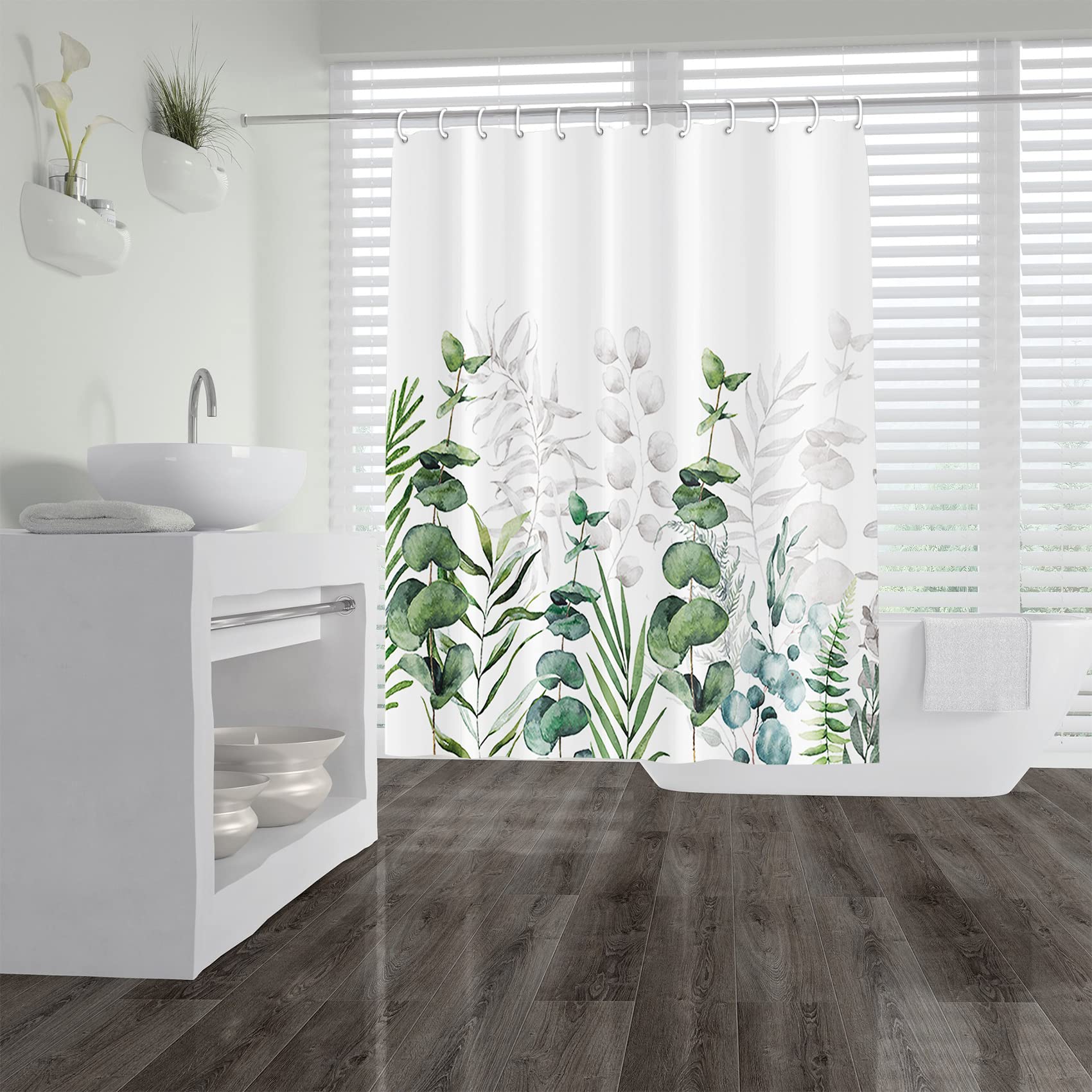 Sage Green Eucalyptus Leaves Shower Curtain - Waterproof 72x72 Inch With Hooks, Watercolor Plant Design