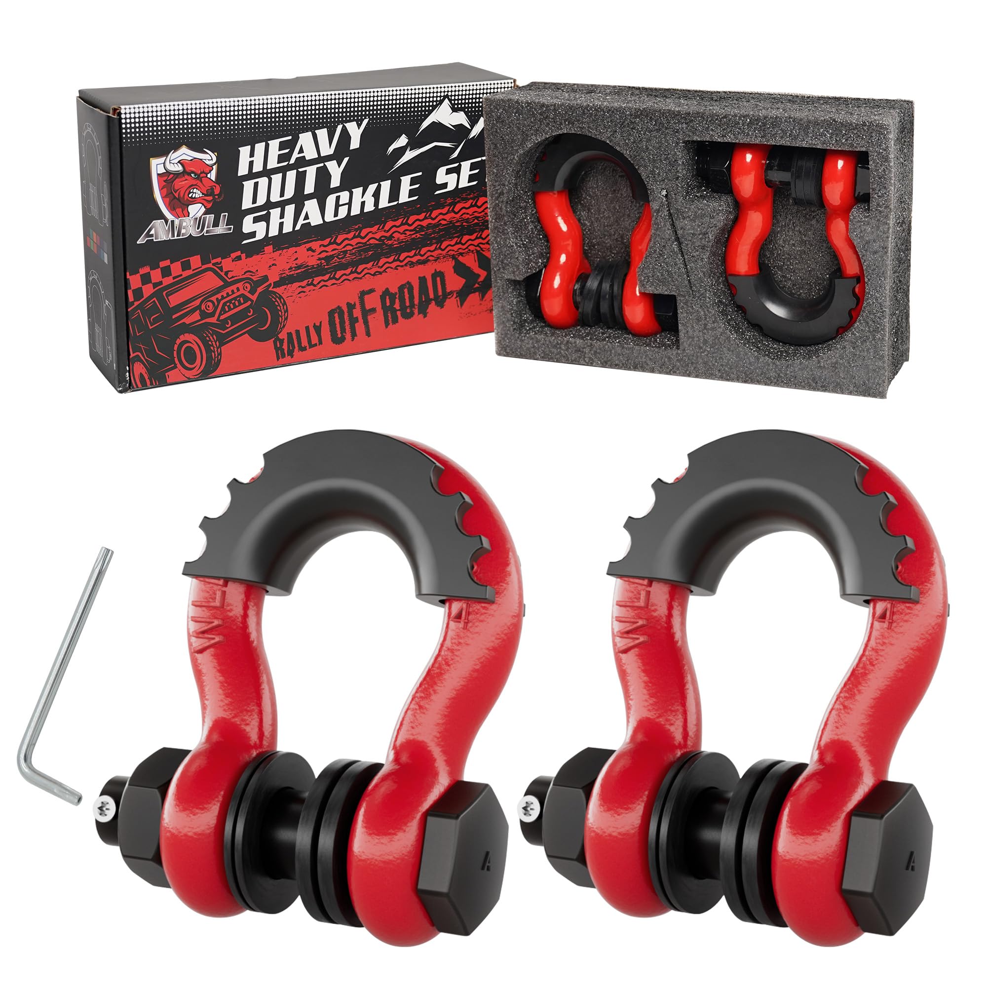 Shackles 3/4" D Ring Shackle (2 Pack) 45,000lb Break Strength with 7/8" Pin, Anti Theft Security Screws, Isolator & Washer Kits for Use with Tow Strap Winch Truck Vehicle Recovery, Red